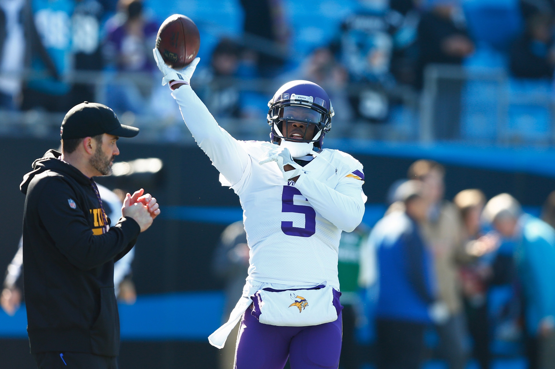 Dec 10, 2017; Charlotte, NC, USA; Minnesota Vikings quarterback Teddy Bridgewater (5) warms up prior to the game against the Carolina Panthers at Bank of America Stadium.