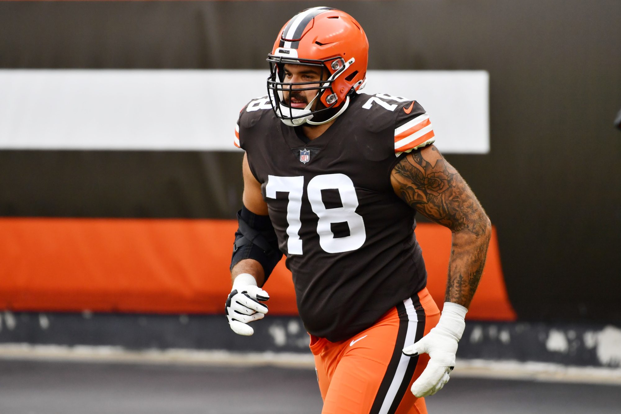 Oct 11, 2020; Cleveland, Ohio, USA; Cleveland Browns offensive tackle Jack Conklin (78) is introduced before the game between the Cleveland Browns and the Indianapolis Colts at FirstEnergy Stadium.