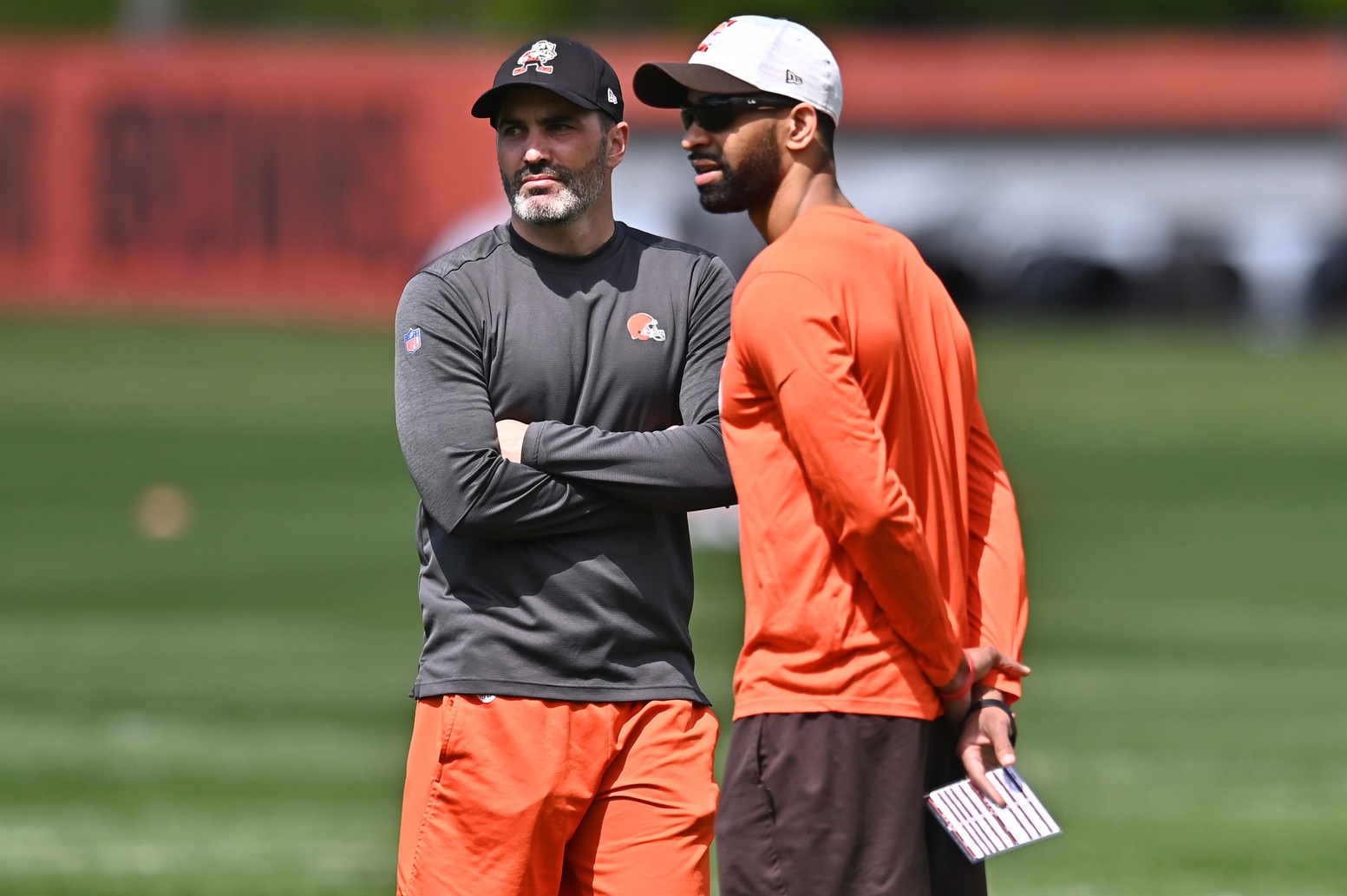 May 14, 2021; Berea, Ohio, USA; Cleveland Browns head coach Kevin Stefanski (left) watches camp with general manager Andrew Berry during rookie minicamp at the Cleveland Browns Training Facility.