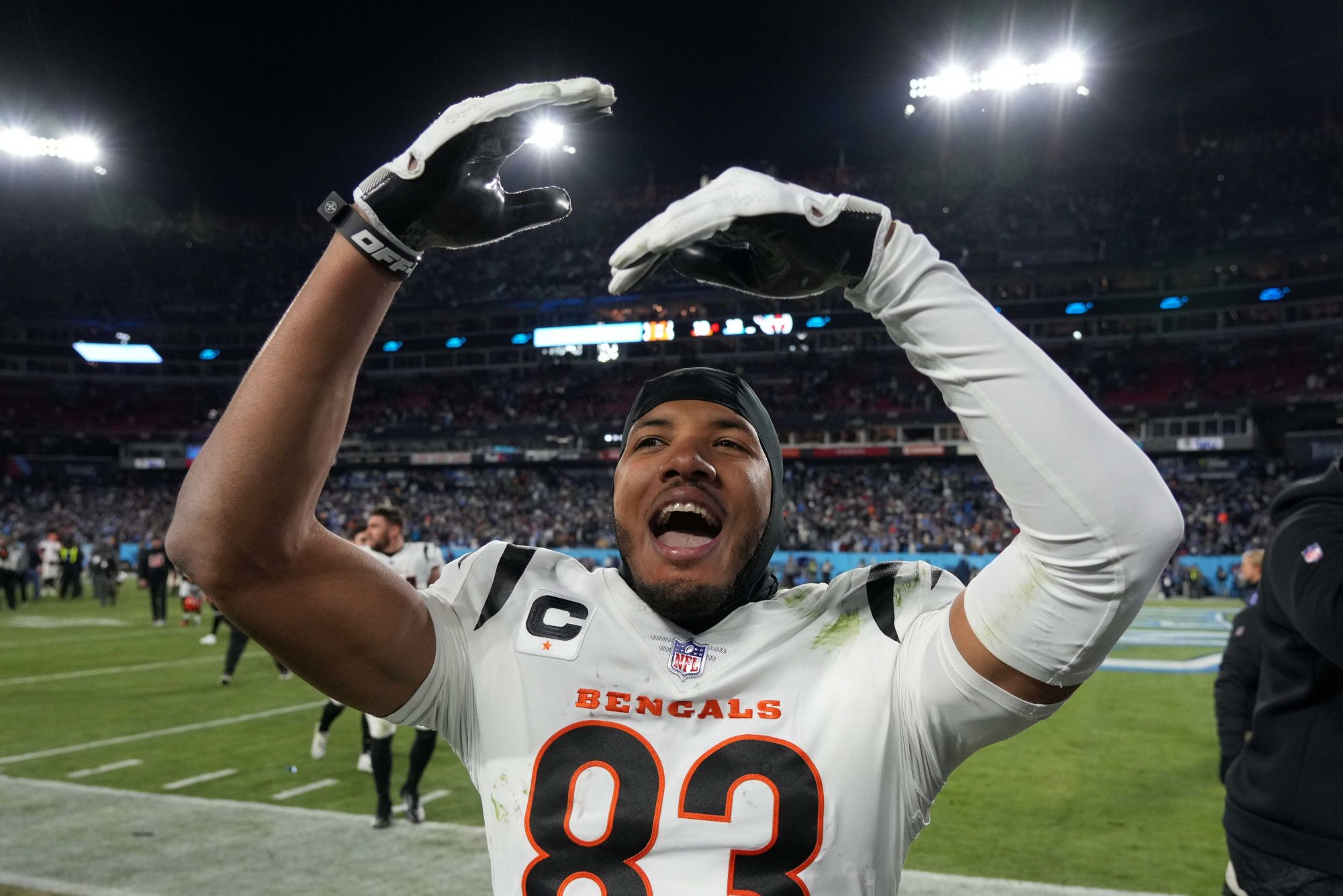 Jan 22, 2022; Nashville, Tennessee, USA; Cincinnati Bengals wide receiver Tyler Boyd (83) celebrates after an AFC Divisional playoff football game against the Tennessee Titans at Nissan Stadium. The Bengals defeated the Titans 19-16.