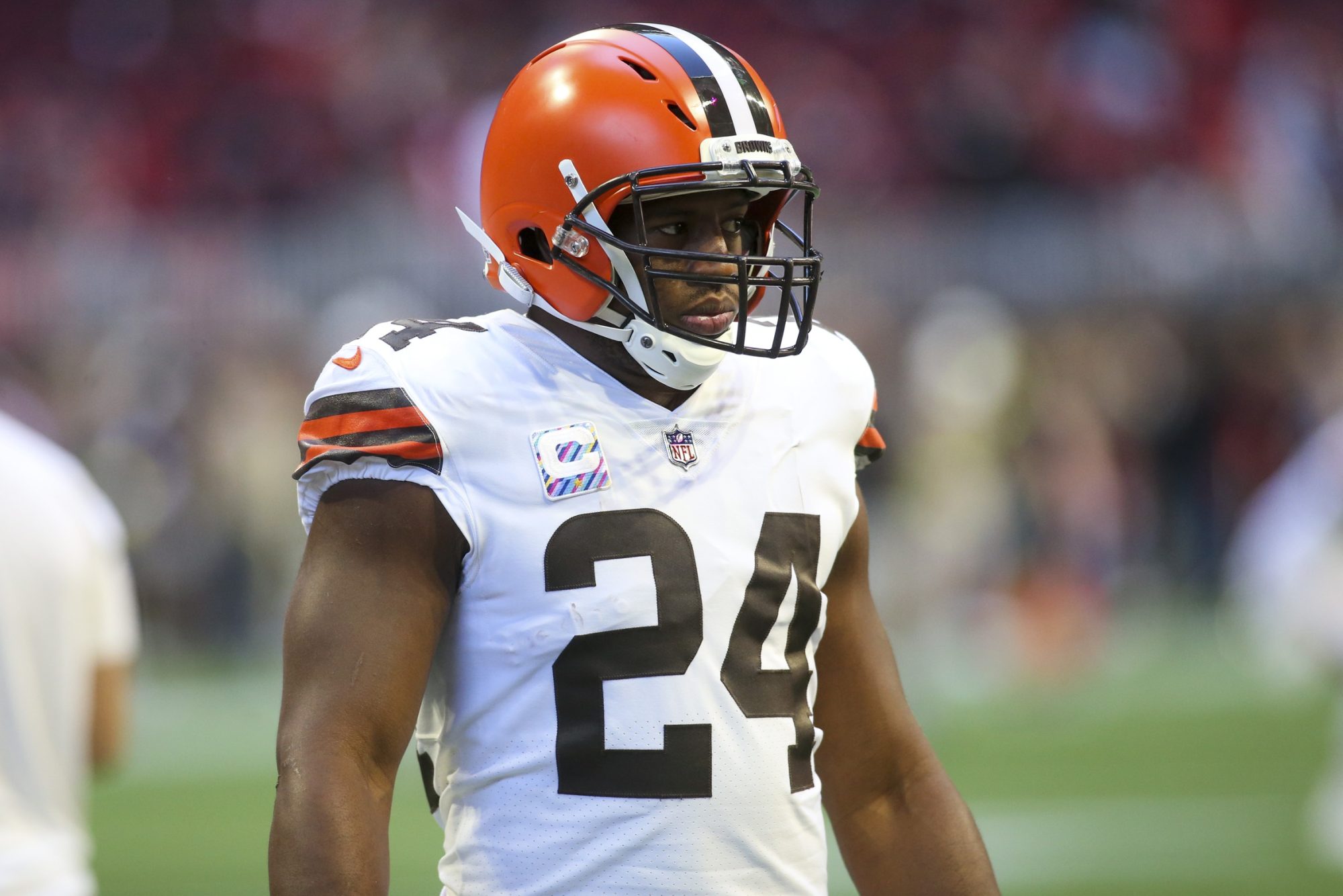 Oct 2, 2022; Atlanta, Georgia, USA; Cleveland Browns running back Nick Chubb (24) prepares for a game against the Atlanta Falcons at Mercedes-Benz Stadium.