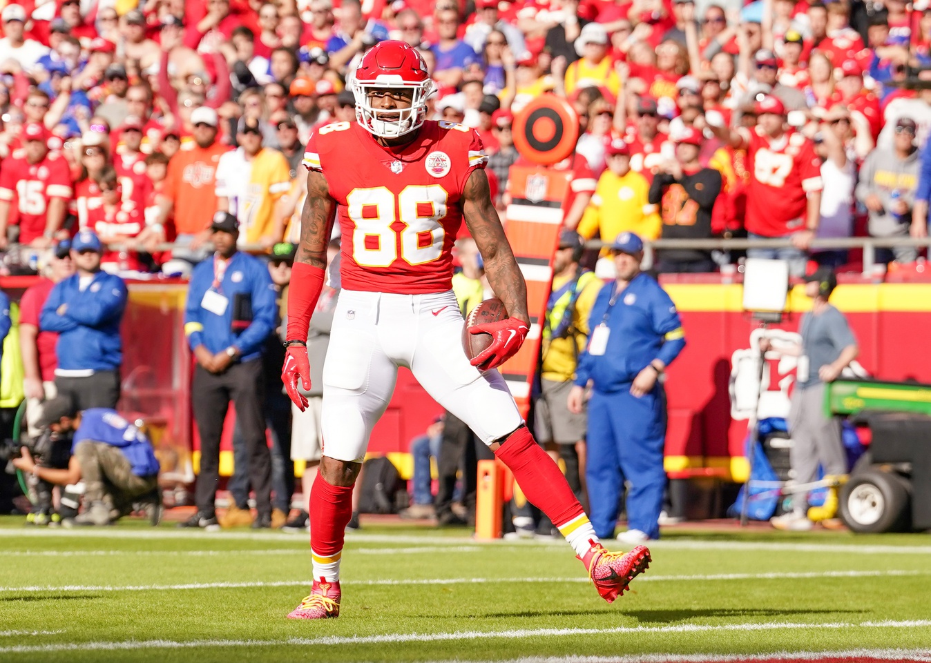 Oct 16, 2022; Kansas City, Missouri, USA; Kansas City Chiefs tight end Jody Fortson (88) celebrates after a play against the Buffalo Bills during the game at GEHA Field at Arrowhead Stadium.