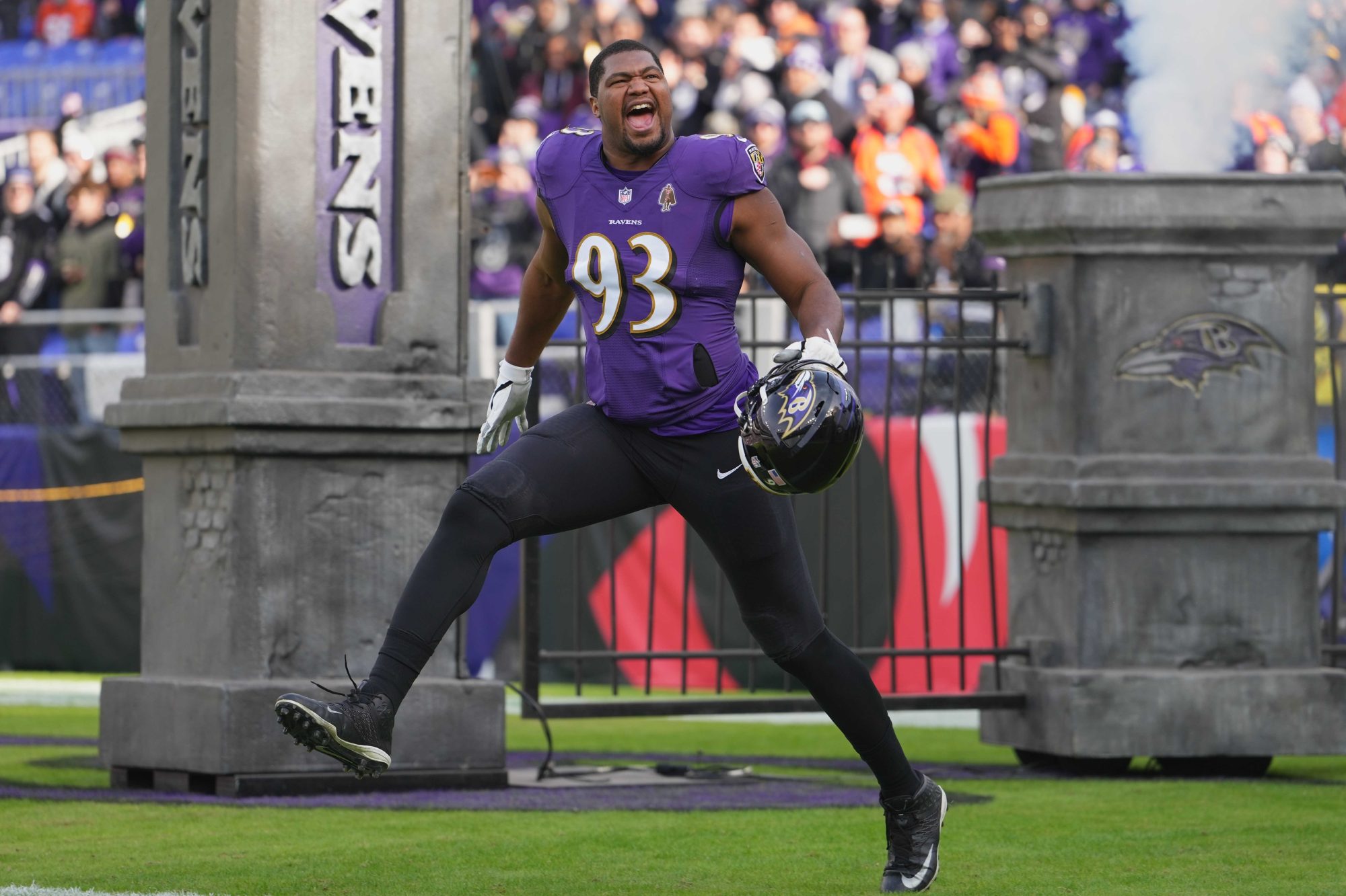 Dec 4, 2022; Baltimore, Maryland, USA; Baltimore Ravens defensive end Calais Campbell (93) enters the field prior to the game against the Denver Broncos at M&T Bank Stadium.