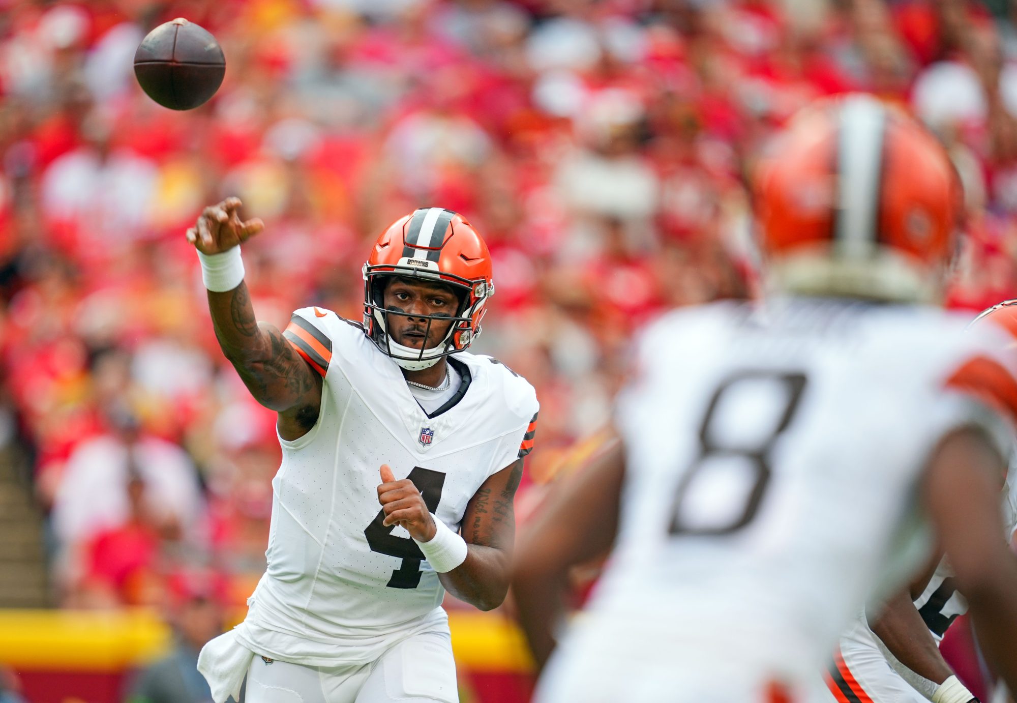 Aug 26, 2023; Kansas City, Missouri, USA; Cleveland Browns quarterback Deshaun Watson (4) throws a pass to wide receiver Elijah Moore (8) against the Kansas City Chiefs during the first half at GEHA Field at Arrowhead Stadium.