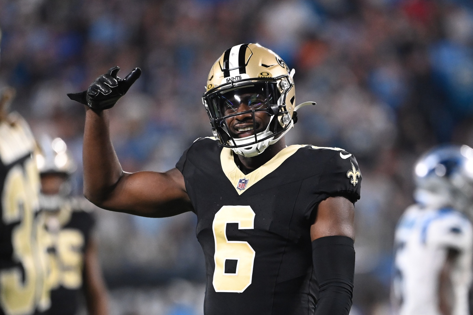 Sep 18, 2023; Charlotte, North Carolina, USA; New Orleans Saints safety Marcus Maye (6) reacts in the fourth quarter at Bank of America Stadium.