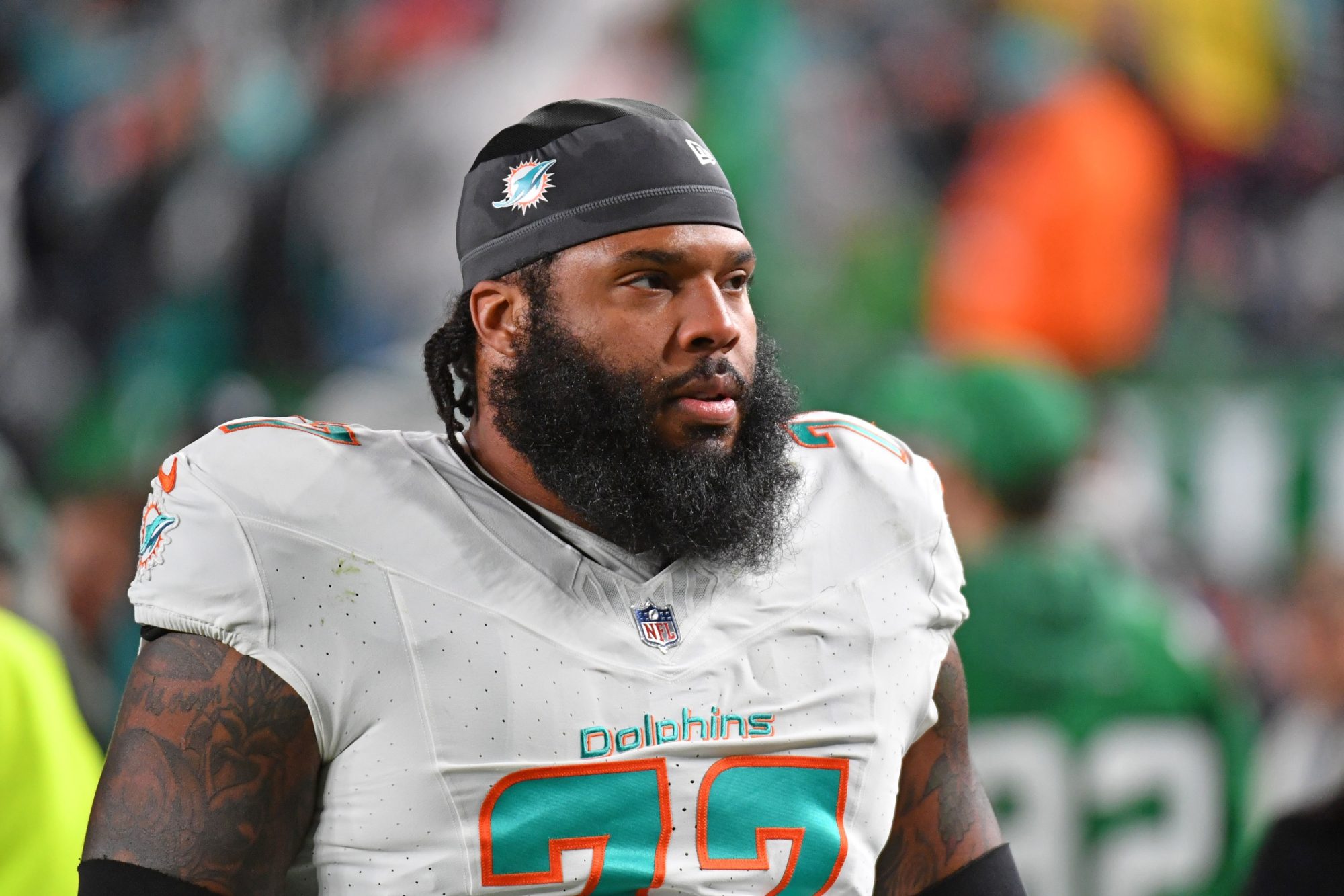 Oct 22, 2023; Philadelphia, Pennsylvania, USA; Miami Dolphins offensive tackle Isaiah Wynn (77) against the Philadelphia Eagles at Lincoln Financial Field.