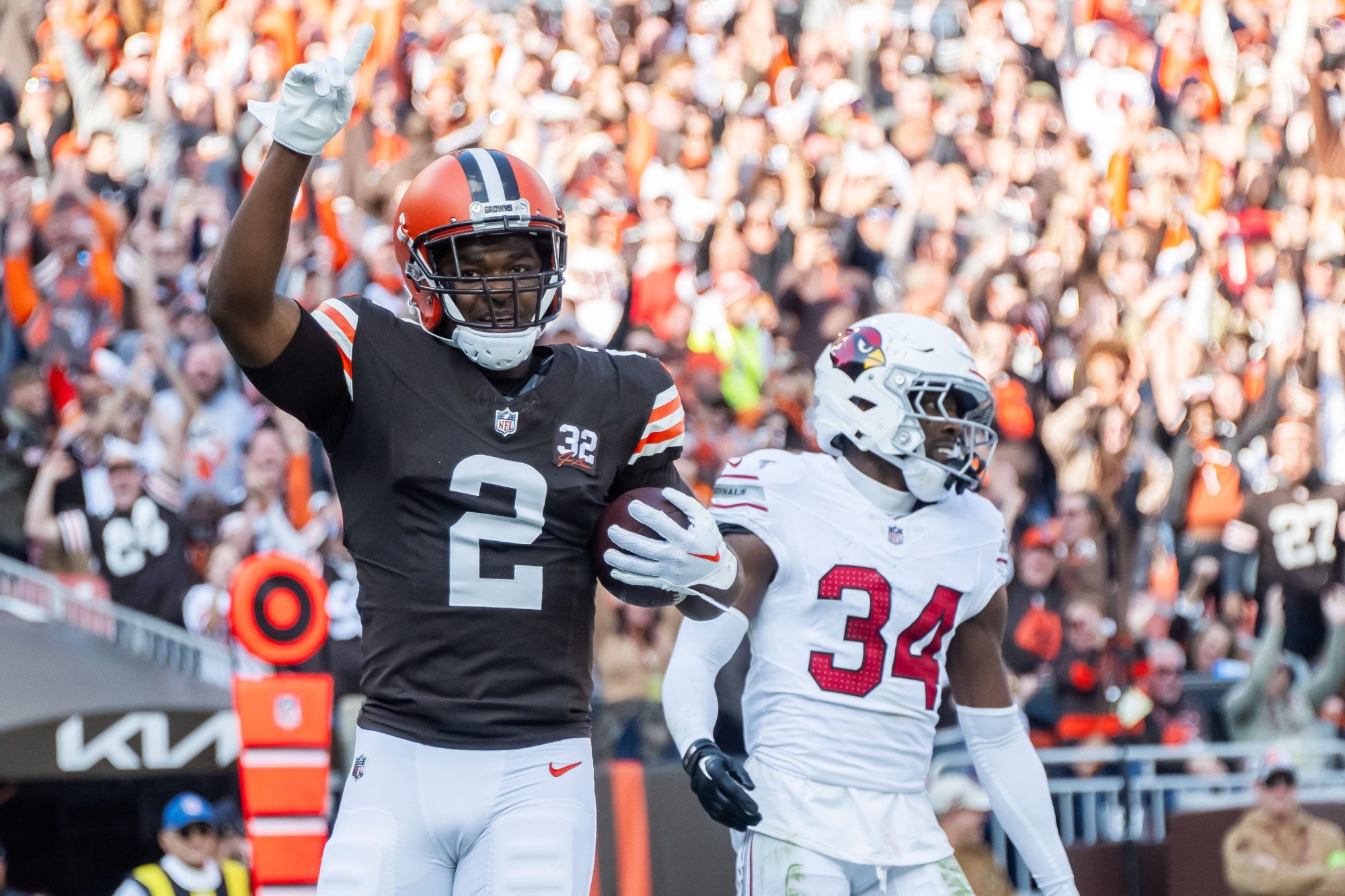 Nov 5, 2023; Cleveland, Ohio, USA; Cleveland Browns wide receiver Amari Cooper (2) celebrates after scoring during the first half against the Arizona Cardinals at Cleveland Browns Stadium.