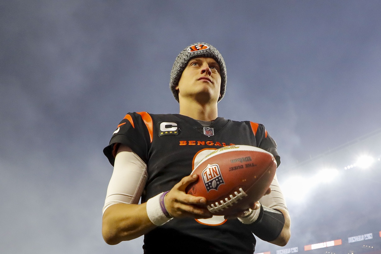 Nov 5, 2023; Cincinnati, Ohio, USA; Cincinnati Bengals quarterback Joe Burrow (9) walks off the field after the victory over the Buffalo Bills at Paycor Stadium.