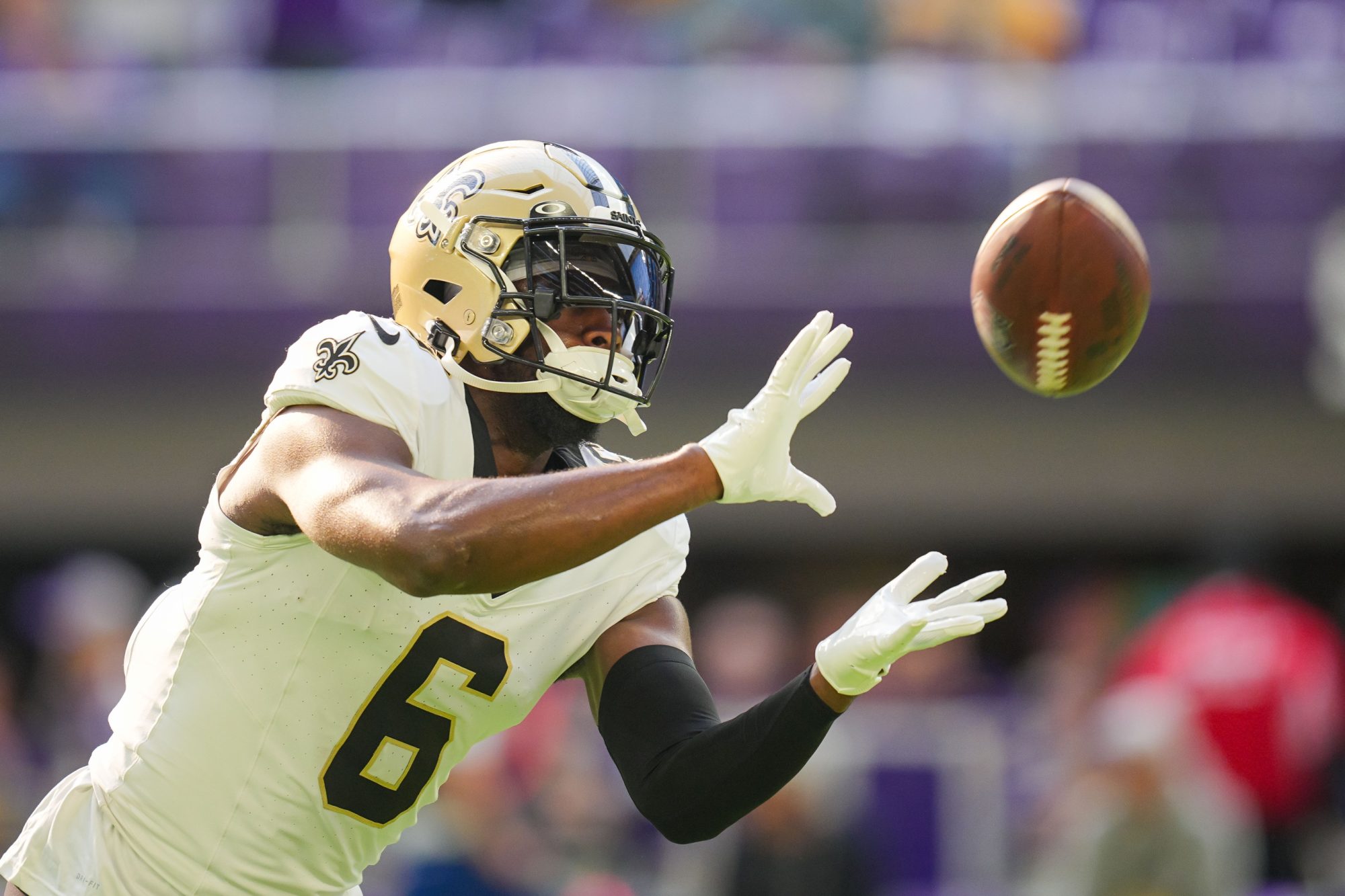 Nov 12, 2023; Minneapolis, Minnesota, USA; New Orleans Saints safety Marcus Maye (6) warms up before the game against the Minnesota Vikings at U.S. Bank Stadium.