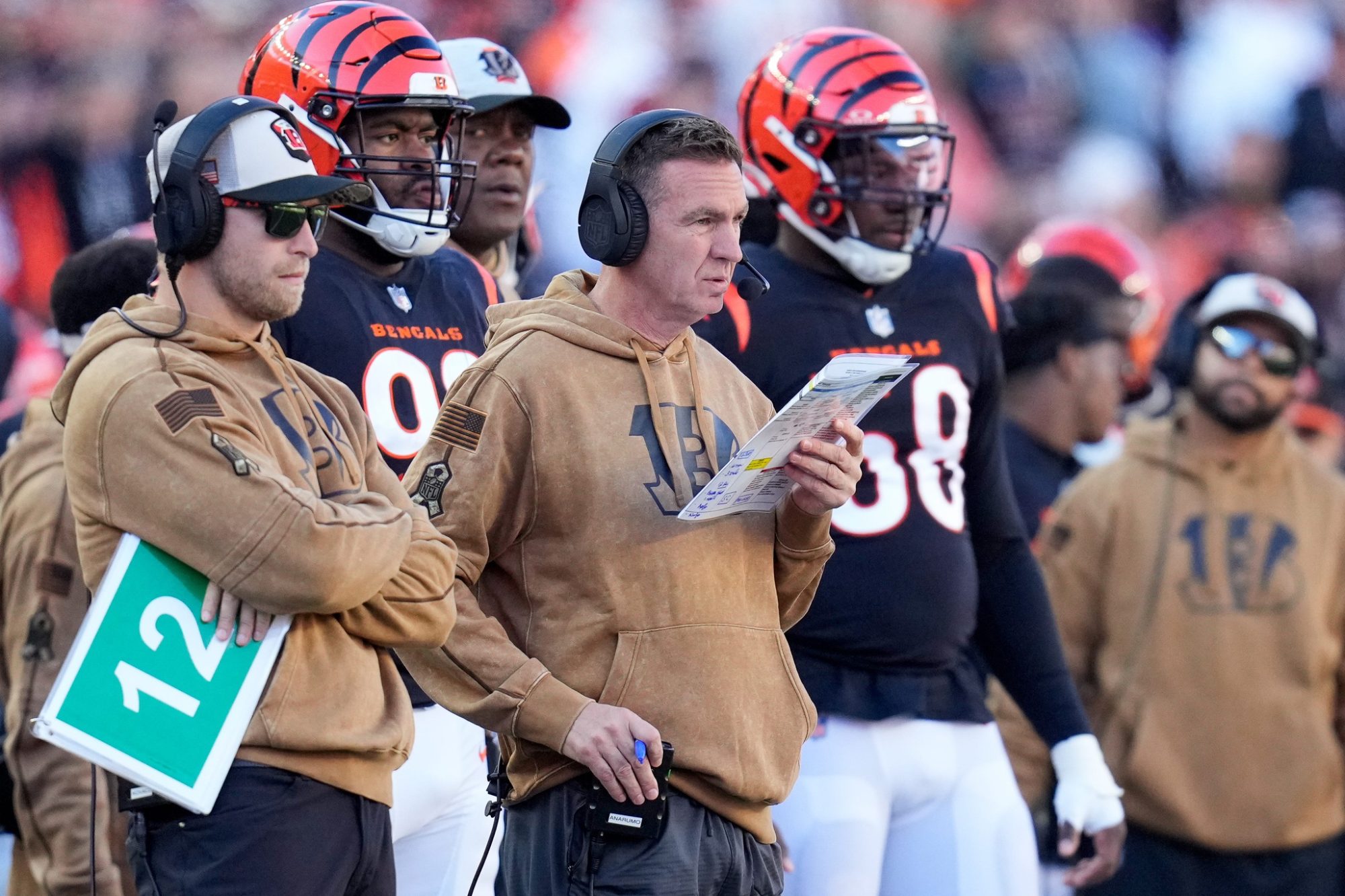 Cincinnati Bengals defensive coordinator Lou Anarumo watches a formation in the second quarter of the NFL Week 10 game between the Cincinnati Bengals and the Houston Texans at Paycor Stadium in downtown Cincinnati on Sunday, Nov. 12, 2023.