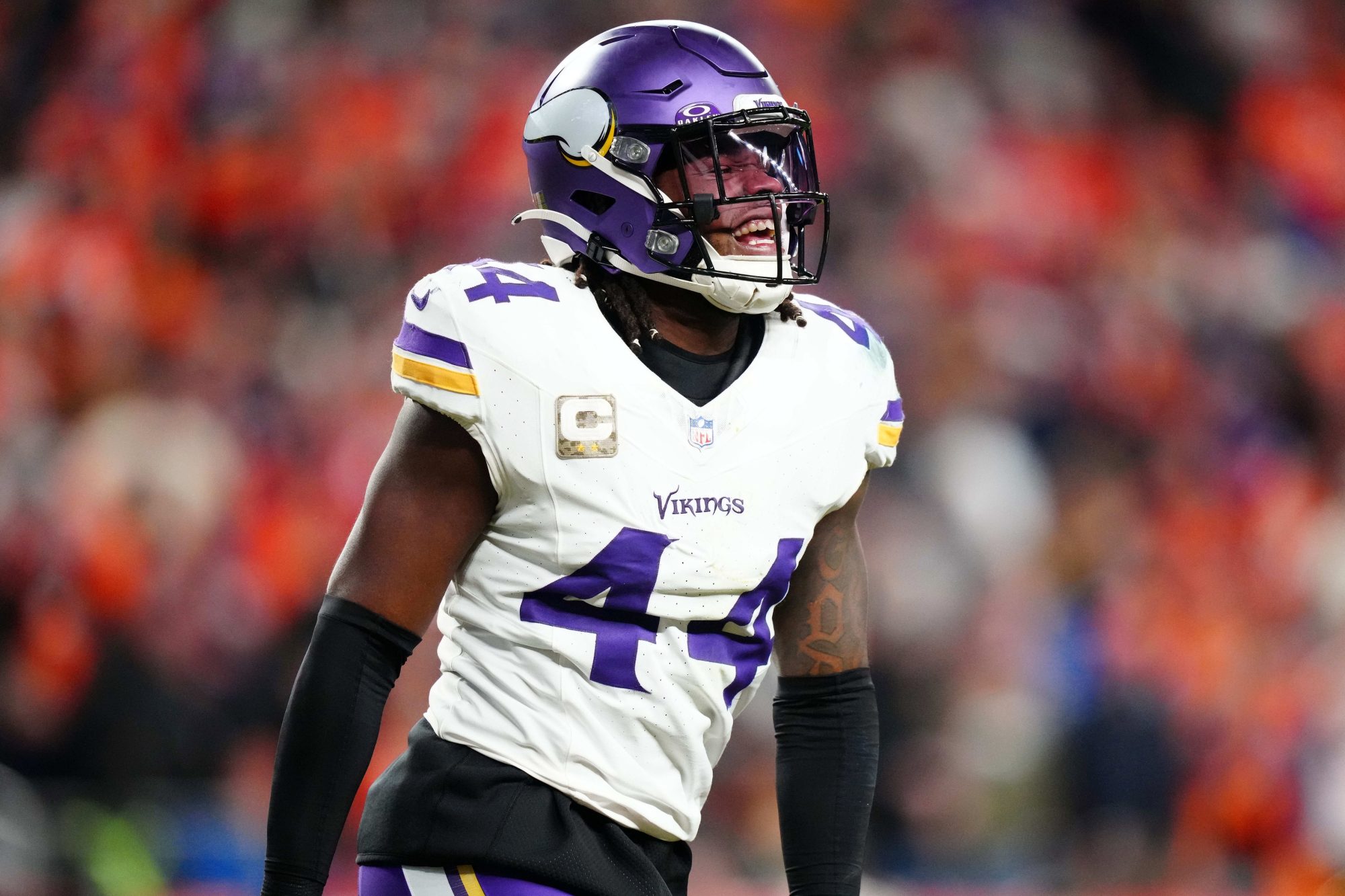 Nov 19, 2023; Denver, Colorado, USA; Minnesota Vikings safety Josh Metellus (44) reacts in the second quarter against the Denver Broncos at Empower Field at Mile High.