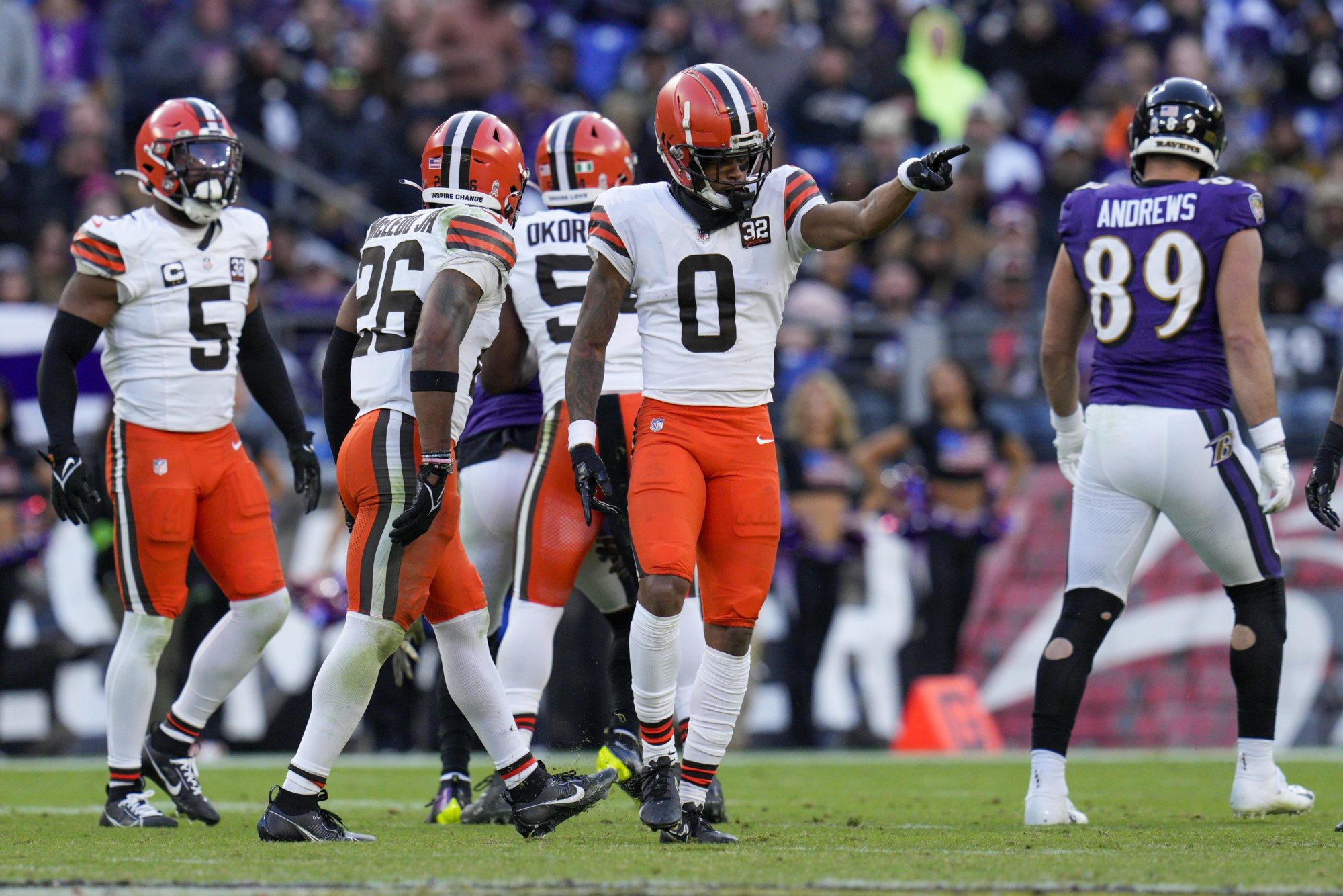 Nov 12, 2023; Baltimore, Maryland, USA; Cleveland Browns cornerback Greg Newsome II (0) celebrates his pick-six against the Baltimore Ravens during the second half at M&T Bank Stadium.