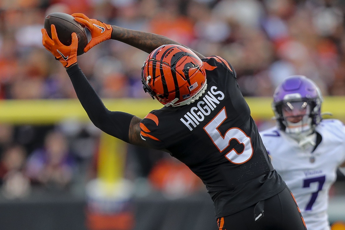 Dec 16, 2023; Cincinnati, Ohio, USA; Cincinnati Bengals wide receiver Tee Higgins (5) catches a pass against the Minnesota Vikings in the second half at Paycor Stadium.