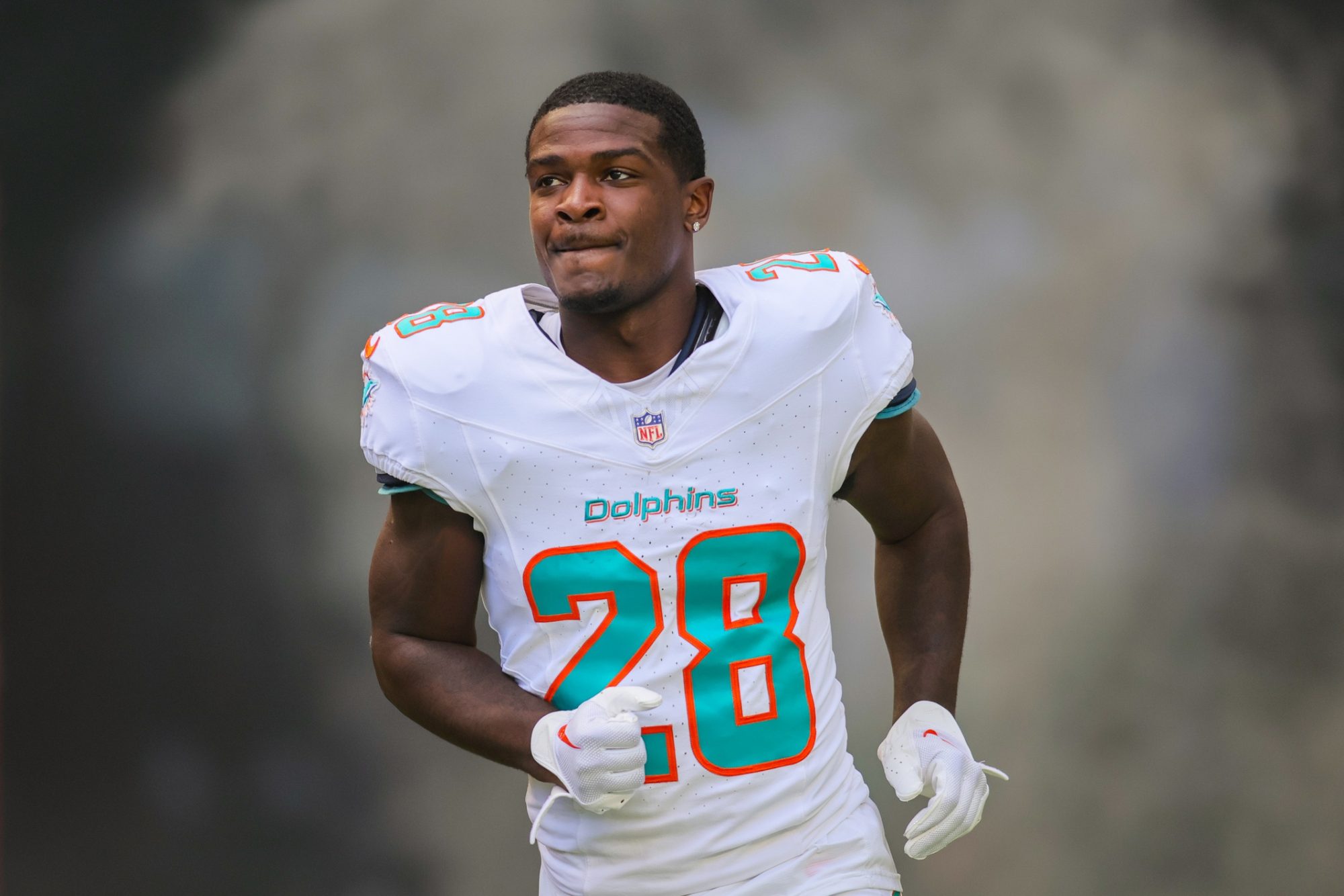 Dec 17, 2023; Miami Gardens, Florida, USA; Miami Dolphins running back De'Von Achane (28) enters the field to take on the New York Jets at Hard Rock Stadium.