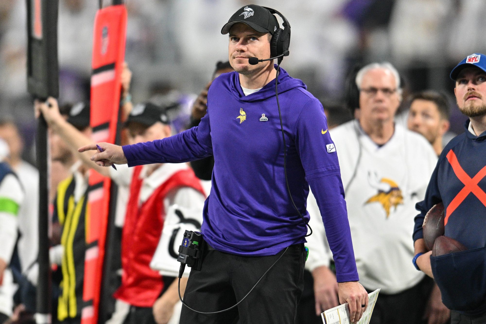 Dec 24, 2023; Minneapolis, Minnesota, USA; Minnesota Vikings head coach Kevin O'Connell reacts during the game against the Detroit Lions at U.S. Bank Stadium.