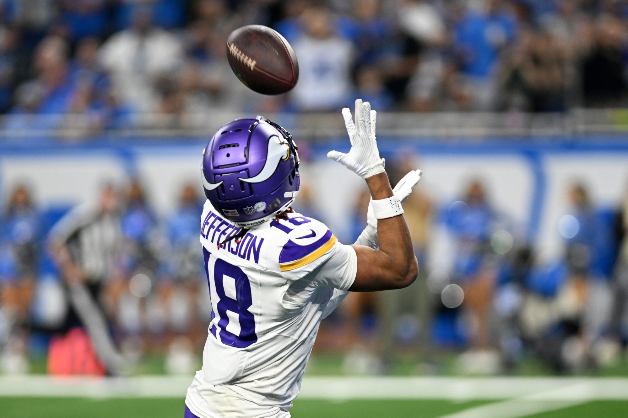 Jan 7, 2024; Detroit, Michigan, USA; Minnesota Vikings wide receiver Justin Jefferson (18) catches a pass for a touchdown against the Detroit Lions in the third quarter at Ford Field.