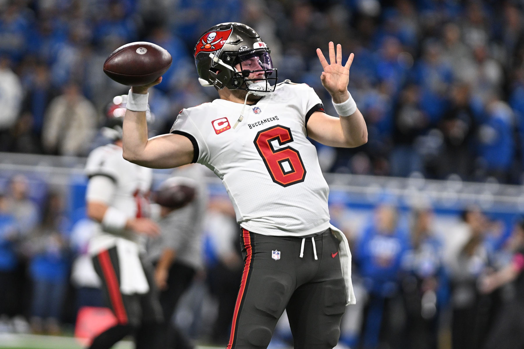 Jan 21, 2024; Detroit, Michigan, USA; Tampa Bay Buccaneers quarterback Baker Mayfield (6) warms up before a 2024 NFC divisional round game against the Detroit Lions at Ford Field.