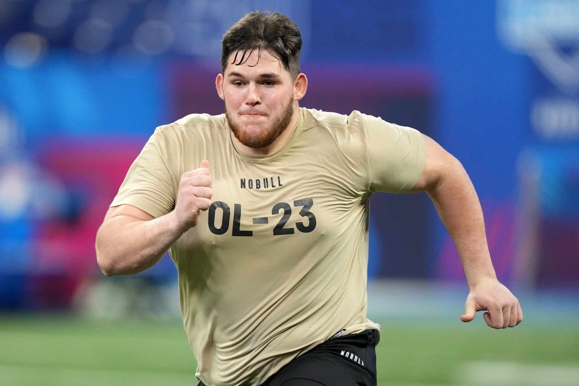 Mar 3, 2024; Indianapolis, IN, USA; West Virginia offensive lineman Zach Frazier (OL23) during the 2024 NFL Combine at Lucas Oil Stadium.