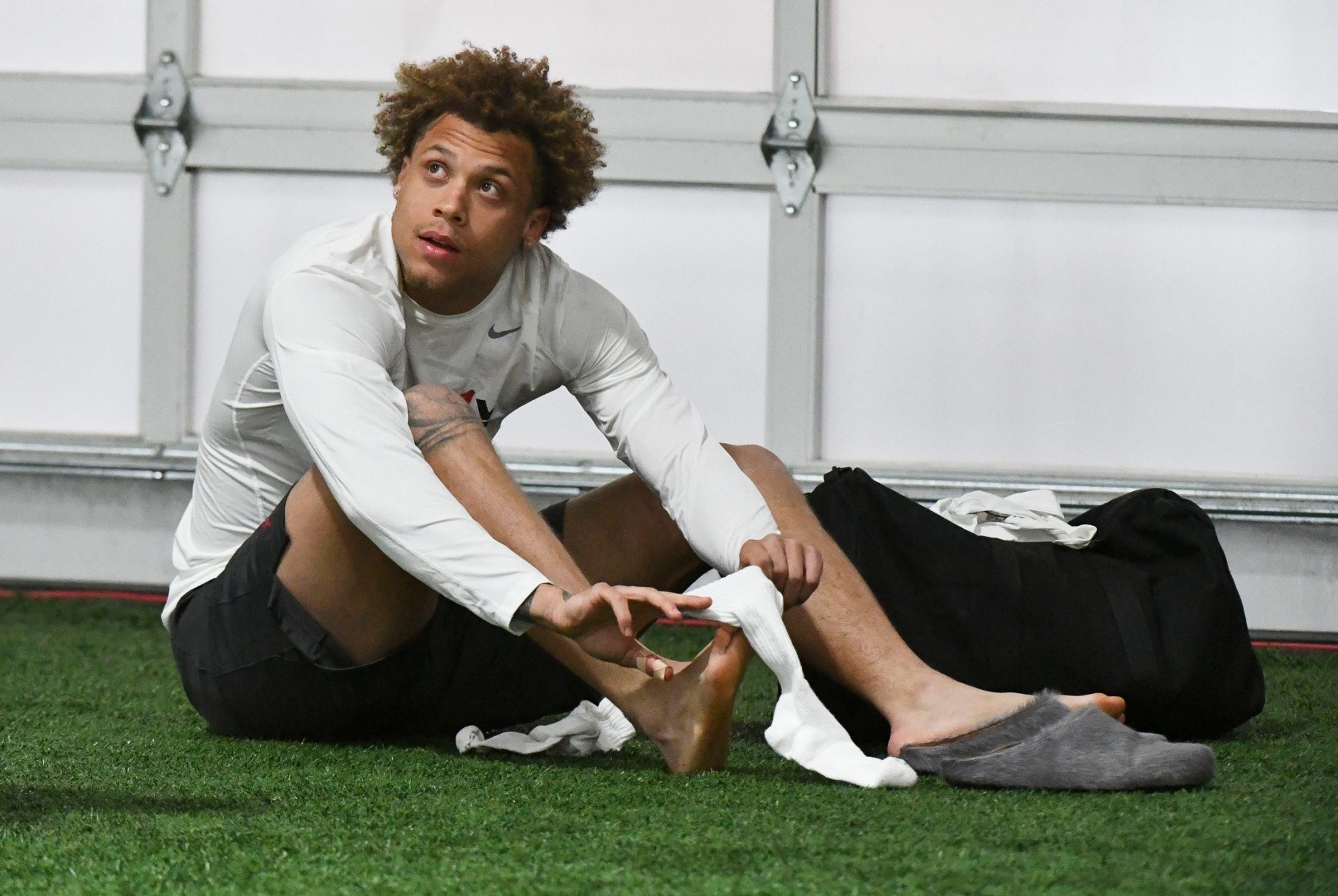 Mar 20, 2024; Tuscaloosa, Alabama, USA; Alabama wide receiver Jermaine Burton readies himself for drills at the Hank Crisp Indoor Practice Facility during the University of Alabama’s Pro Day.