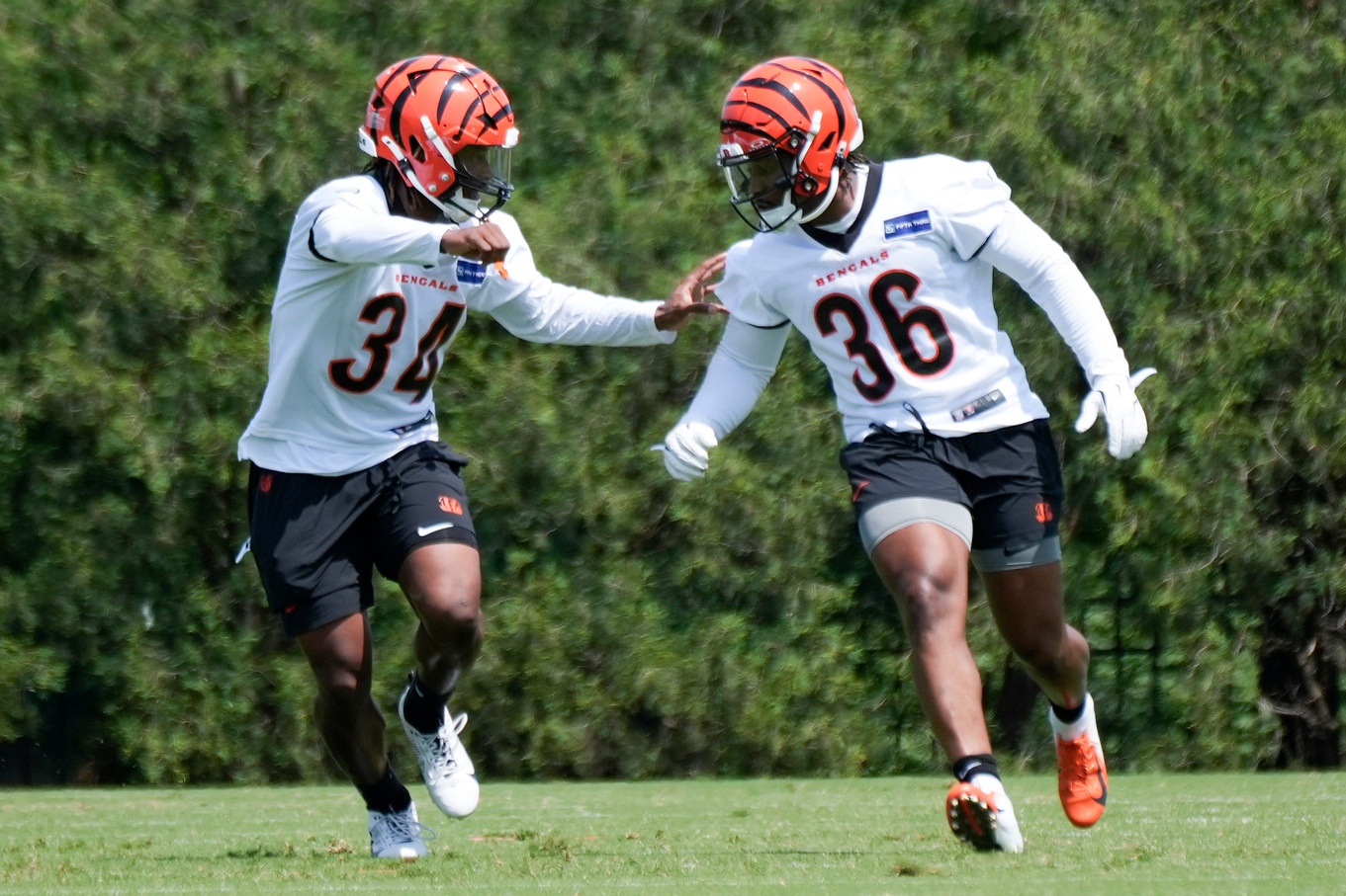 Cincinnati Bengals running back Elijah Collins (34) runs with Cincinnati Bengals running back Noah Cain (36) at Bengals practice, Tuesday, June 4, 2024, in Cincinnati.