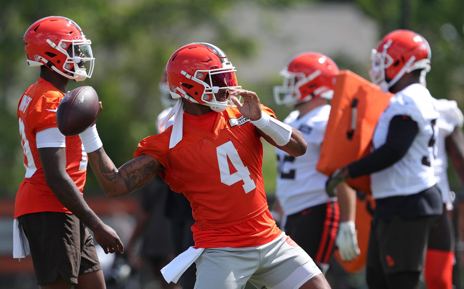 Browns quarterback Deshaun Watson throws during minicamp, Tuesday, June 11, 2024, in Berea.