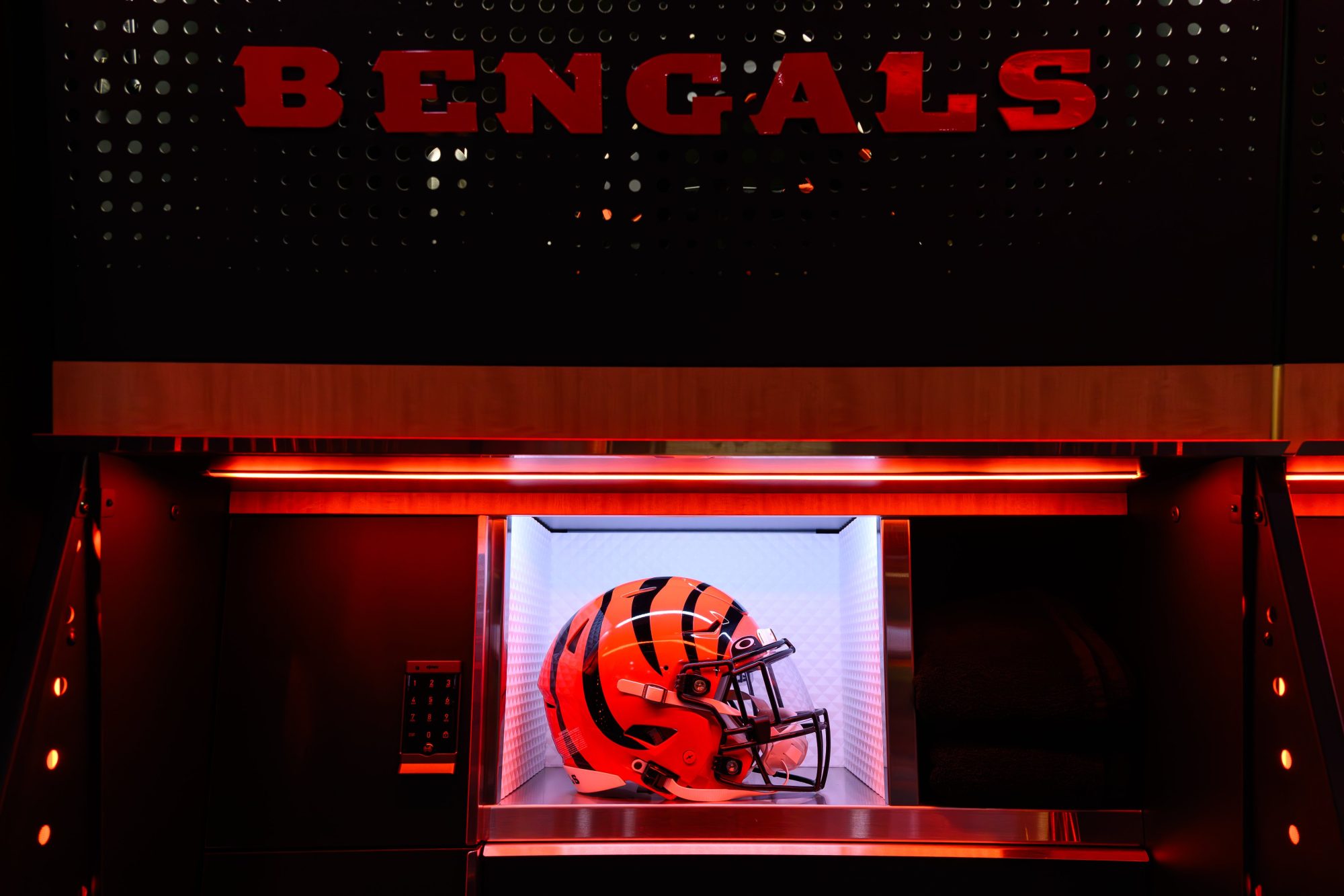 A Cincinnati Bengals helmet is displayed in the team's new locker facility.