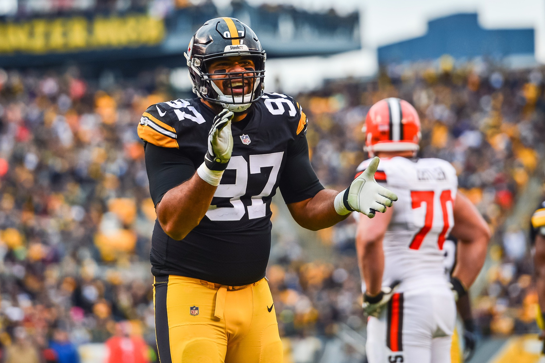 Oct 28, 2018; Pittsburgh, PA, USA; Pittsburgh Steelers defensive tackle Cameron Heyward (97) reacts after the Steelers scored a safety against the Cleveland Browns during the third quarter at Heinz Field.