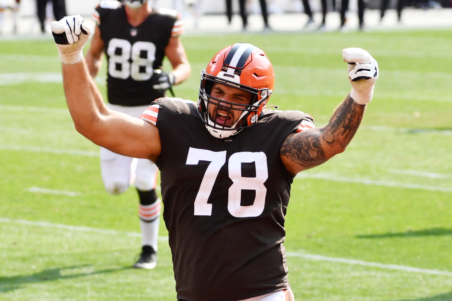 Sep 27, 2020; Cleveland, Ohio, USA; Cleveland Browns offensive tackle Jack Conklin (78) celebrates after running back Nick Chubb (not pictured) scored a touchdown during the second half against the Washington Football Team at FirstEnergy Stadium.