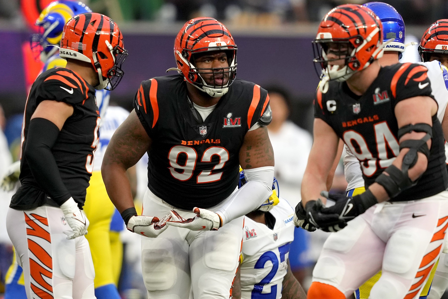 Cincinnati Bengals defensive end B.J. Hill (92) celebrates a tackle for loss in the first quarter during Super Bowl 56 against the Los Angeles Rams, Sunday, Feb. 13, 2022, at SoFi Stadium in Inglewood, Calif. The Cincinnati Bengals lost, 23-20.