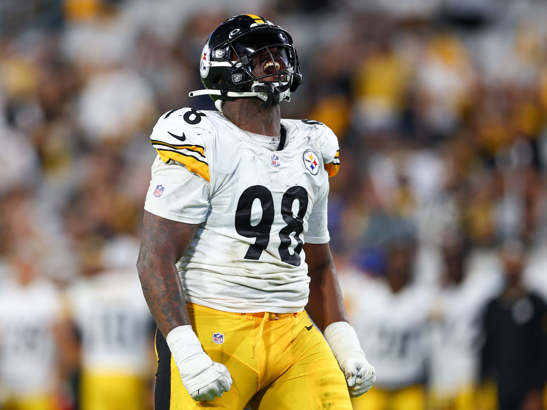 Aug 20, 2022; Jacksonville, Florida, USA; Pittsburgh Steelers defensive end DeMarvin Leal (98) reacts after a sack against the Jacksonville Jaguars in the fourth quarter at TIAA Bank Field.