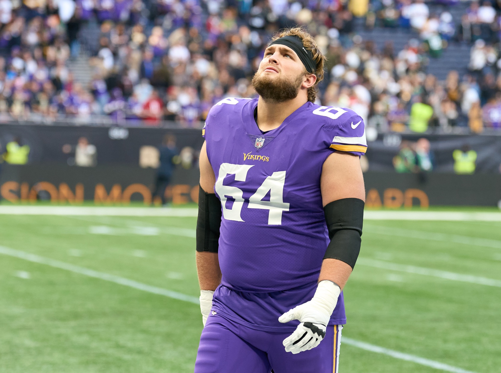 Oct 2, 2022; London, United Kingdom; Minnesota Vikings offensive tackle Blake Brandel (64) during the NFL International Series game at Tottenham Hotspur Stadium.