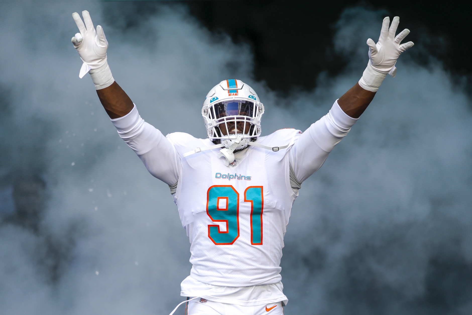 Nov 13, 2022; Miami Gardens, Florida, USA; Miami Dolphins defensive end Emmanuel Ogbah (91) takes the field prior to the game against the Cleveland Browns at Hard Rock Stadium.