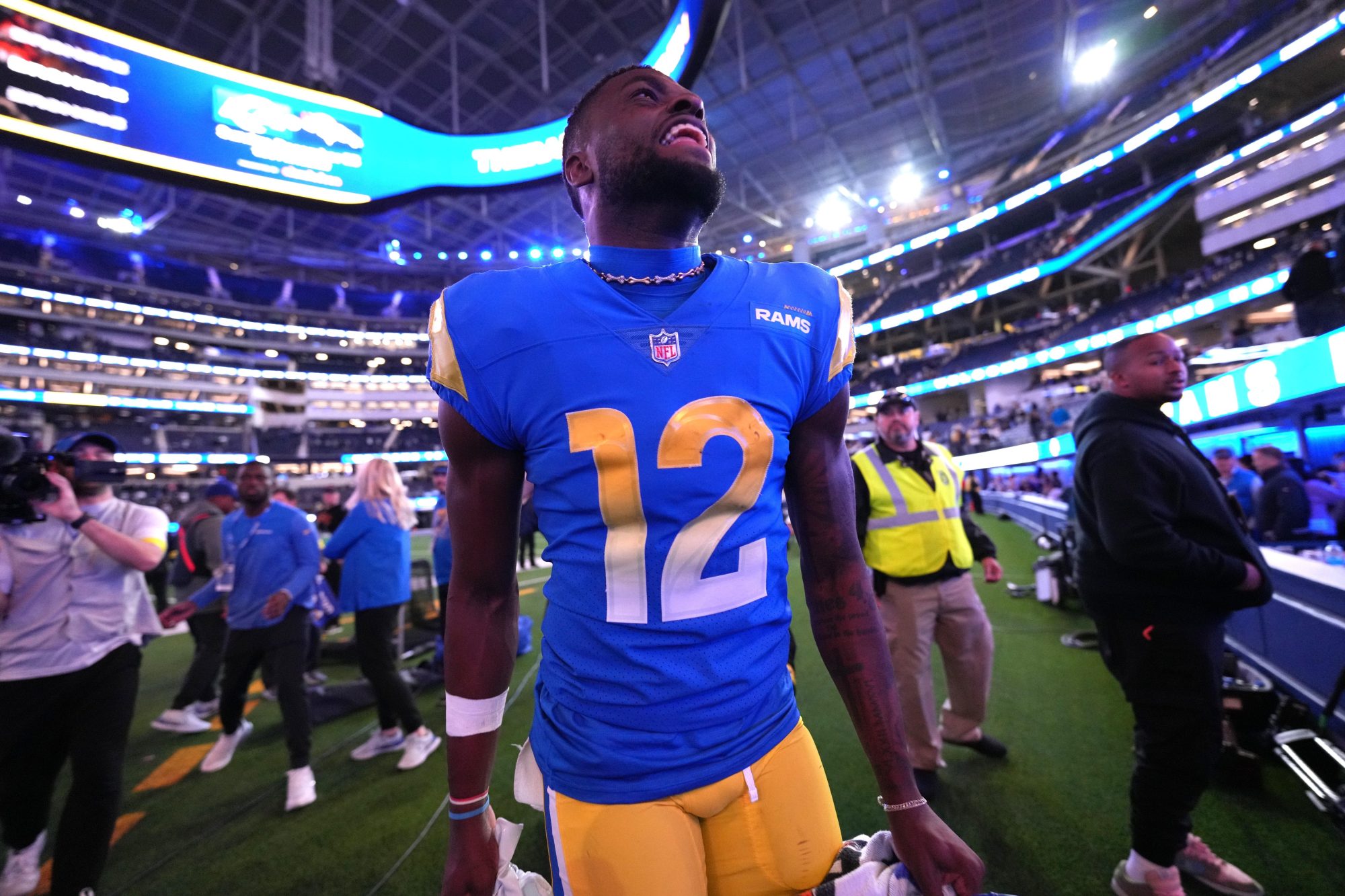 Dec 8, 2022; Inglewood, California, USA; Los Angeles Rams wide receiver Van Jefferson (12) celebrates after the game against the Las Vegas Raiders at SoFi Stadium.