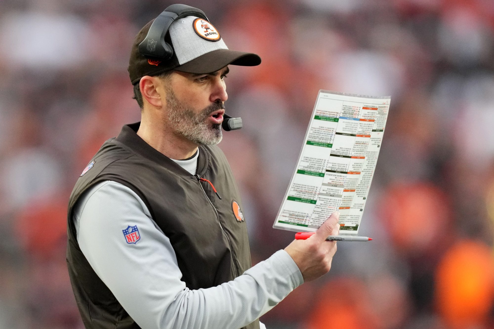 Dec 11, 2022; Cincinnati, Ohio, USA; Cleveland Browns head coach Kevin Stefanski calls a play in the fourth quarter during a Week 14 NFL game against the Cincinnati Bengals, Sunday, Dec. 11, 2022, at Paycor Stadium in Cincinnati. The Cincinnati Bengals won, 23-10.