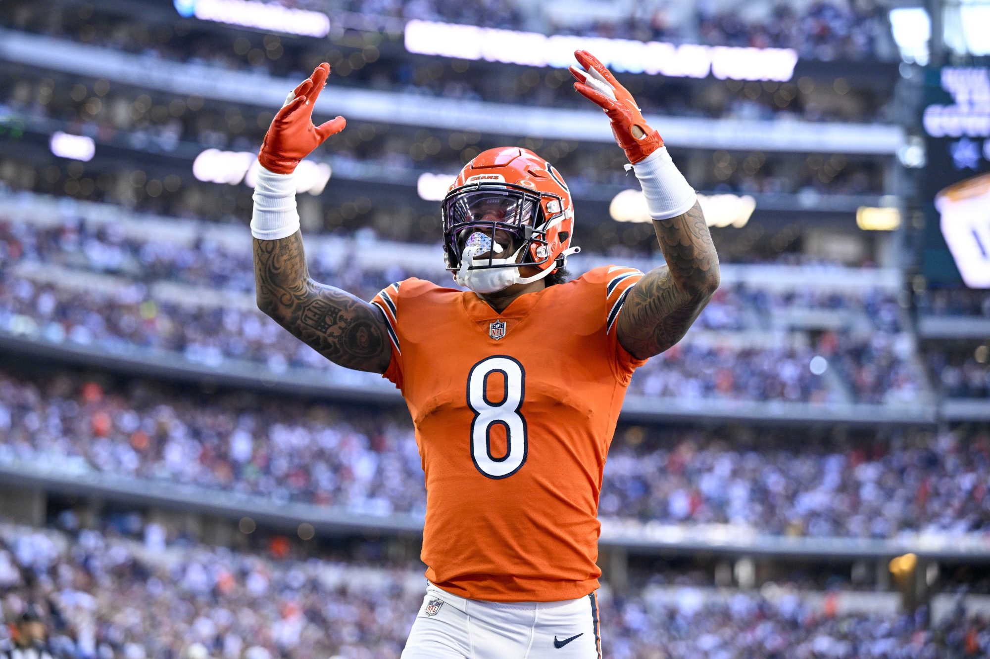 Oct 30, 2022; Arlington, Texas, USA; Chicago Bears wide receiver N'Keal Harry (8) celebrates making a touchdown catch against the Dallas Cowboys during the game between the Dallas Cowboys and the Chicago Bears at AT&T Stadium.