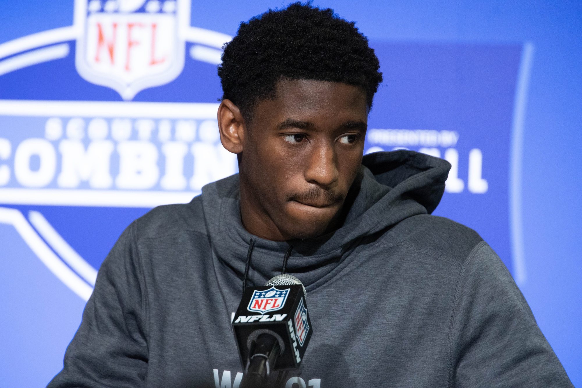 Mar 3, 2023; Indianapolis, IN, USA; Southern California wide receiver Jordan Addison (WO01) speaks to the press at the NFL Combine at Lucas Oil Stadium.