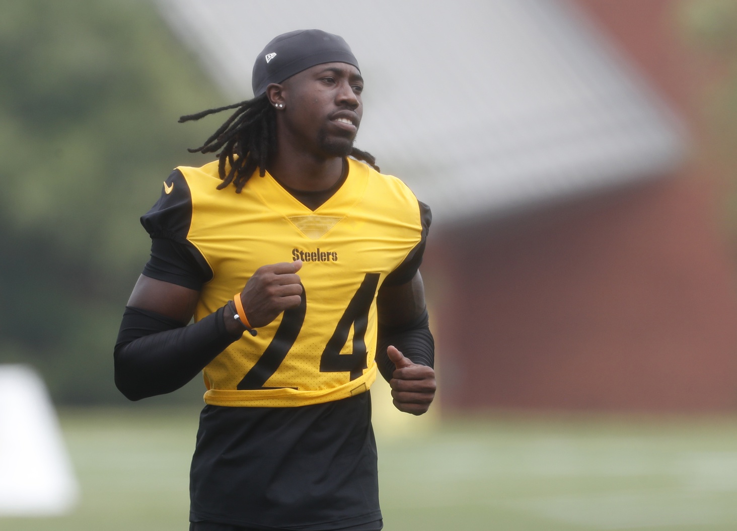 Jul 27, 2023; Latrobe, PA, USA; Pittsburgh Steelers cornerback Joey Porter Jr. (24) participates in drills during training camp at Saint Vincent College.