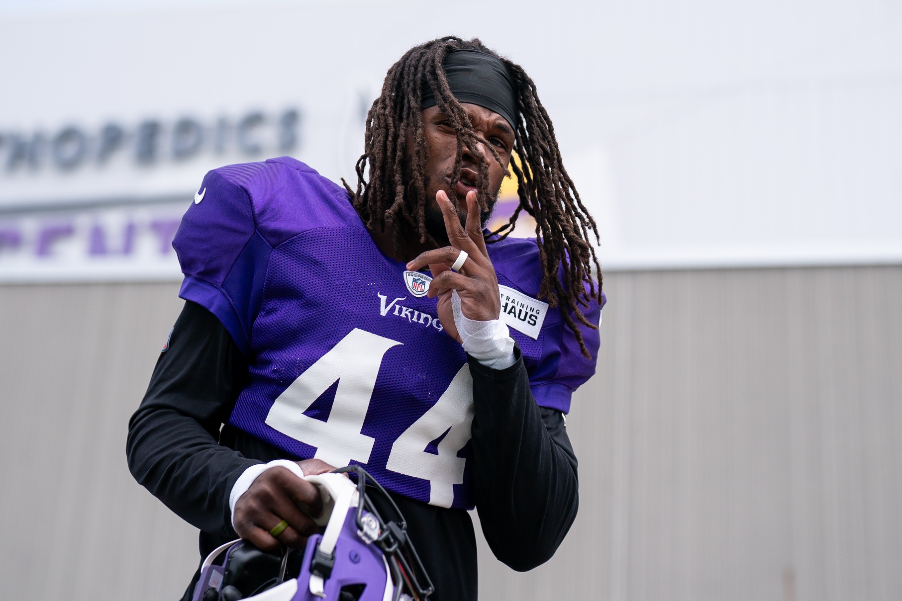 Aug 5, 2023; Eagan, MN, USA; Minnesota Vikings safety Josh Metellus (44) takes the field during training camp at Twin Cities Orthopedic Center.