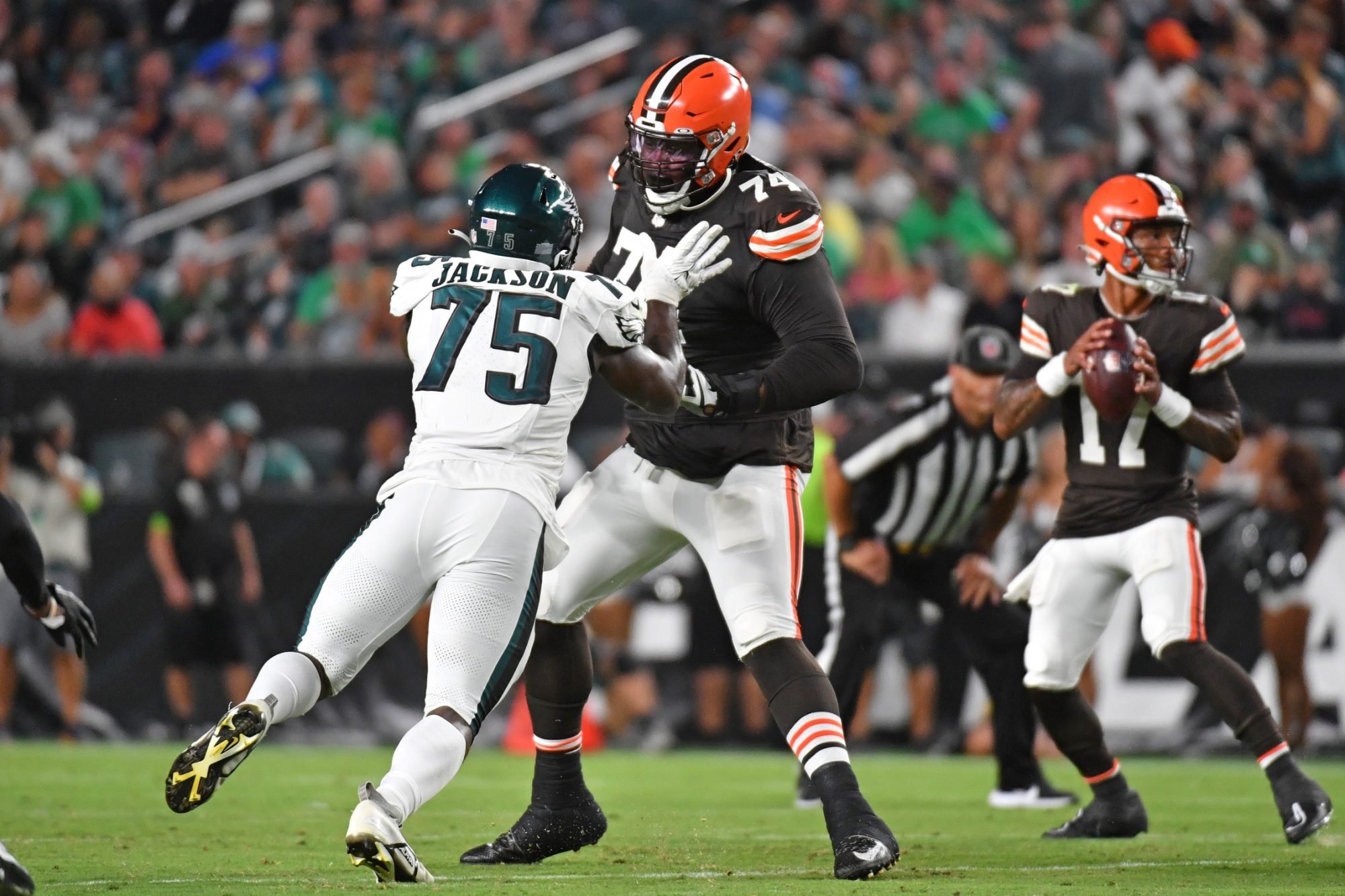 Aug 17, 2023; Philadelphia, Pennsylvania, USA; Cleveland Browns offensive tackle Dawand Jones (74) blocks Philadelphia Eagles defensive end Tarron Jackson (75) at Lincoln Financial Field.