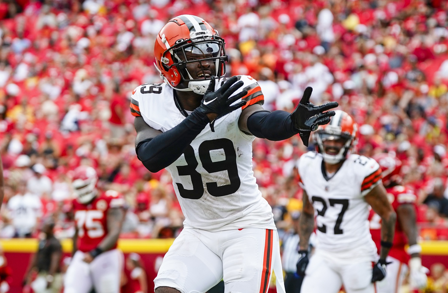 Aug 26, 2023; Kansas City, Missouri, USA; Cleveland Browns cornerback Caleb Biggers (39) celebrates after returning an interception for a touchdown against the Kansas City Chiefs during the first half at GEHA Field at Arrowhead Stadium.