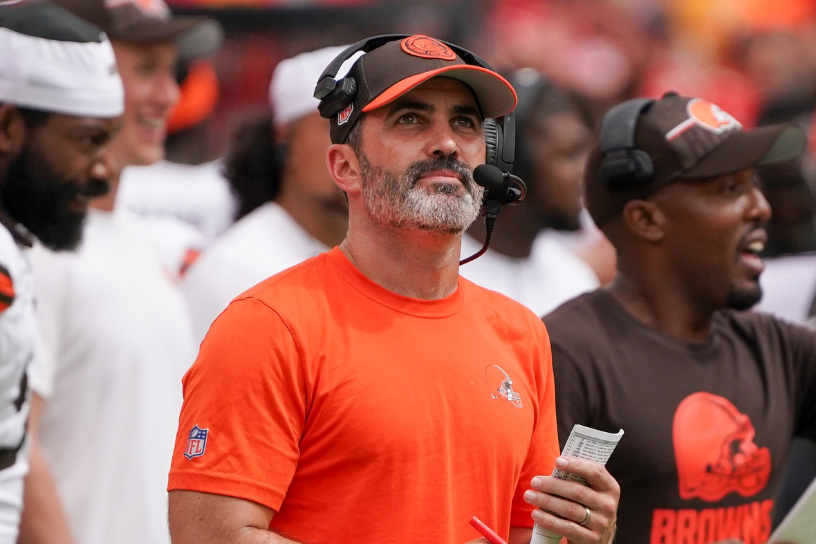 Aug 26, 2023; Kansas City, Missouri, USA; Cleveland Browns head coach Kevin Stefanski looks on during the second half against the Kansas City Chiefs at GEHA Field at Arrowhead Stadium.