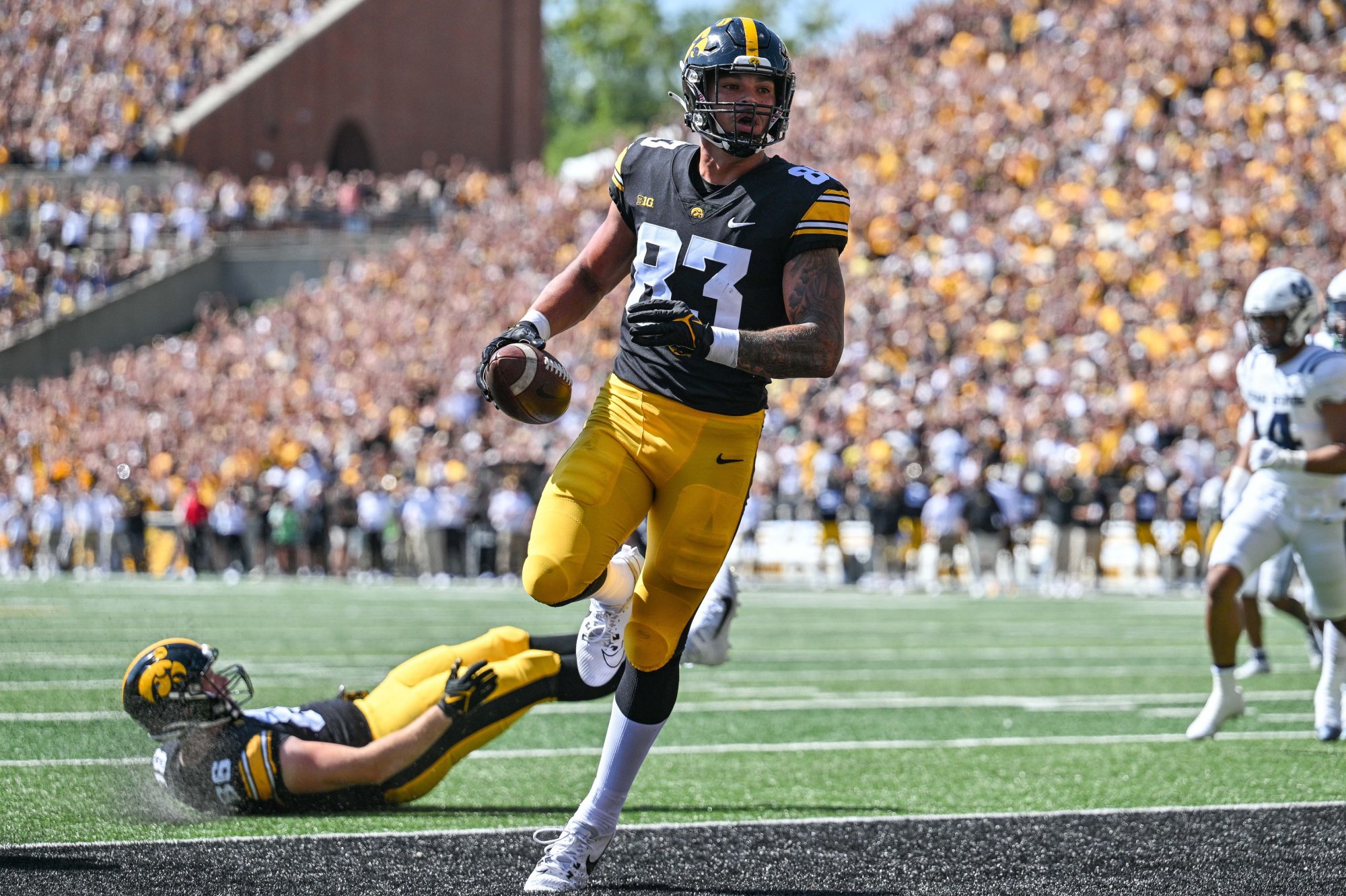 Sep 2, 2023; Iowa City, Iowa, USA; Iowa Hawkeyes tight end Erick All (83) scores on a touchdown pass as tight end Steven Stilianos (86) lay on the turf during the first quarter against the Utah State Aggies at Kinnick Stadium.