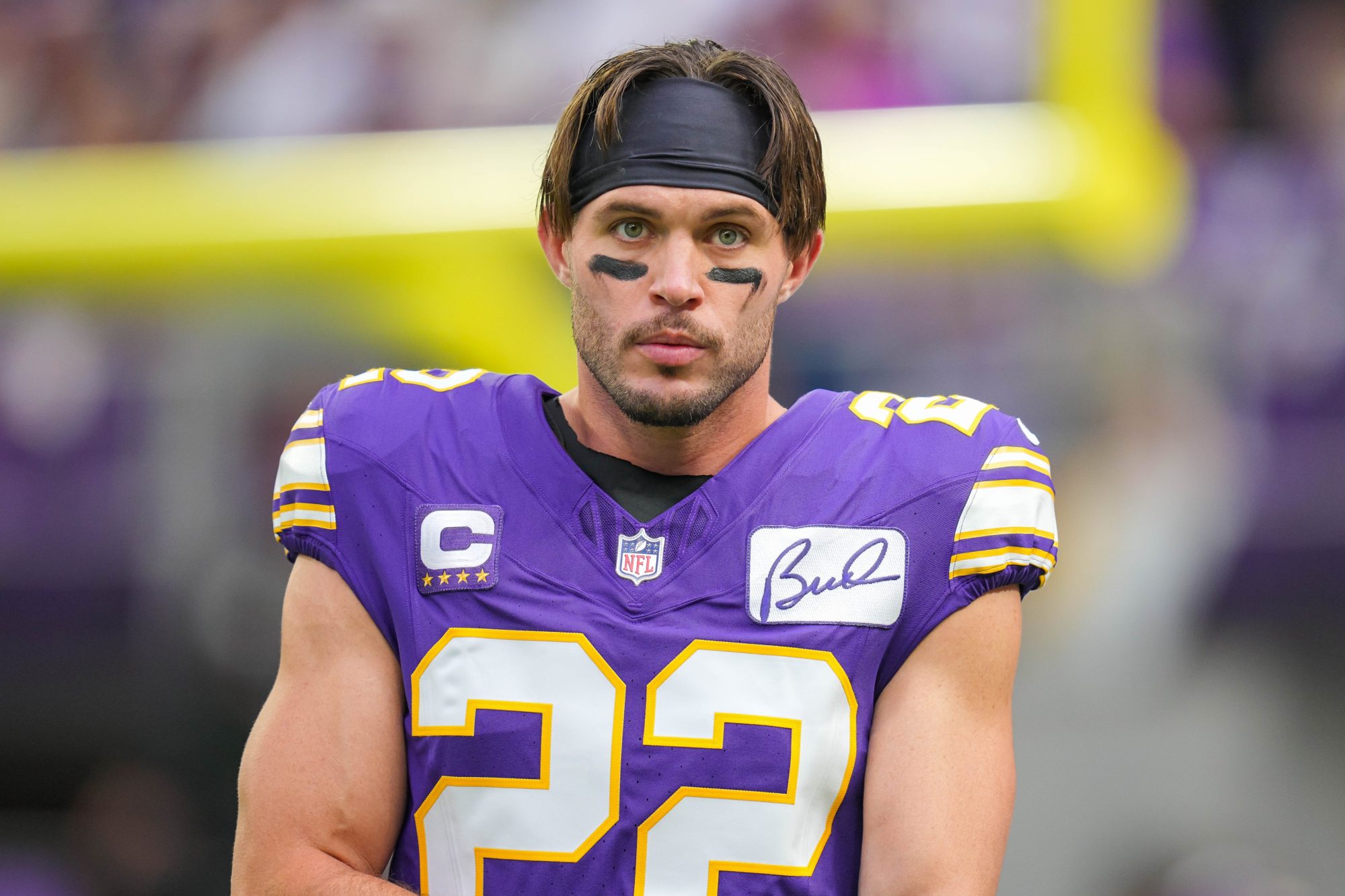 Sep 10, 2023; Minneapolis, Minnesota, USA; Minnesota Vikings safety Harrison Smith (22) warms up before the game against the Tampa Bay Buccaneers at U.S. Bank Stadium.