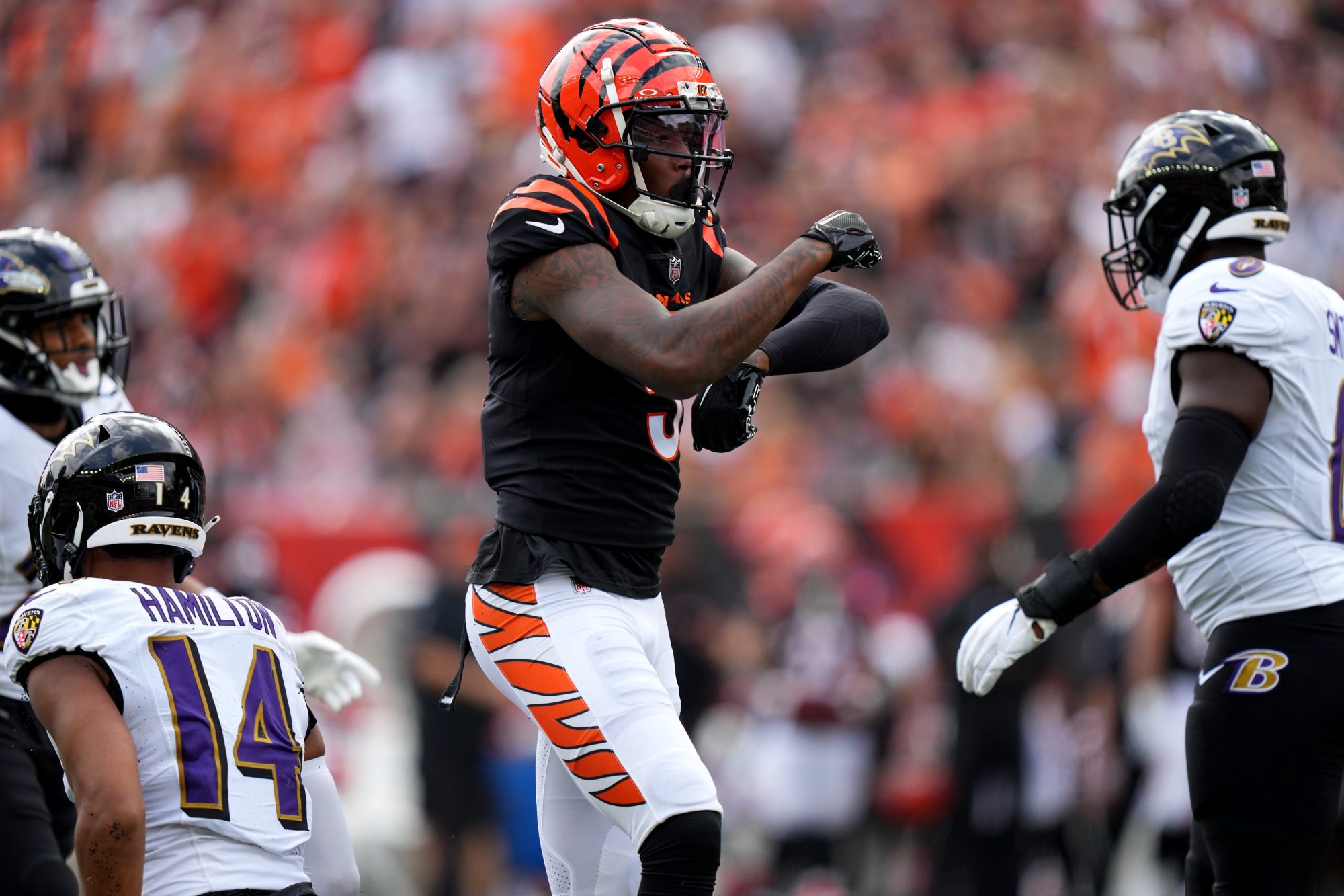 Cincinnati Bengals wide receiver Tee Higgins (5) celebrates a catch in the second quarter of a Week 2 NFL football game between the Baltimore Ravens and the Cincinnati Bengals Sunday, Sept. 17, 2023, at Paycor Stadium in Cincinnati.