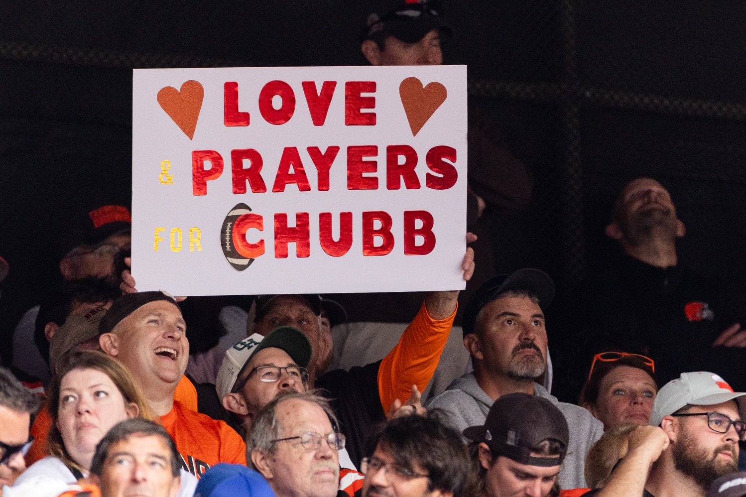 Sep 24, 2023; Cleveland, Ohio, USA; A Cleveland Browns holds up a sign for injured running back Nick Chubb (24) during the third quarter against the Tennessee Titans at Cleveland Browns Stadium. Chubb is out for the remainder of the season with an MCL tear.