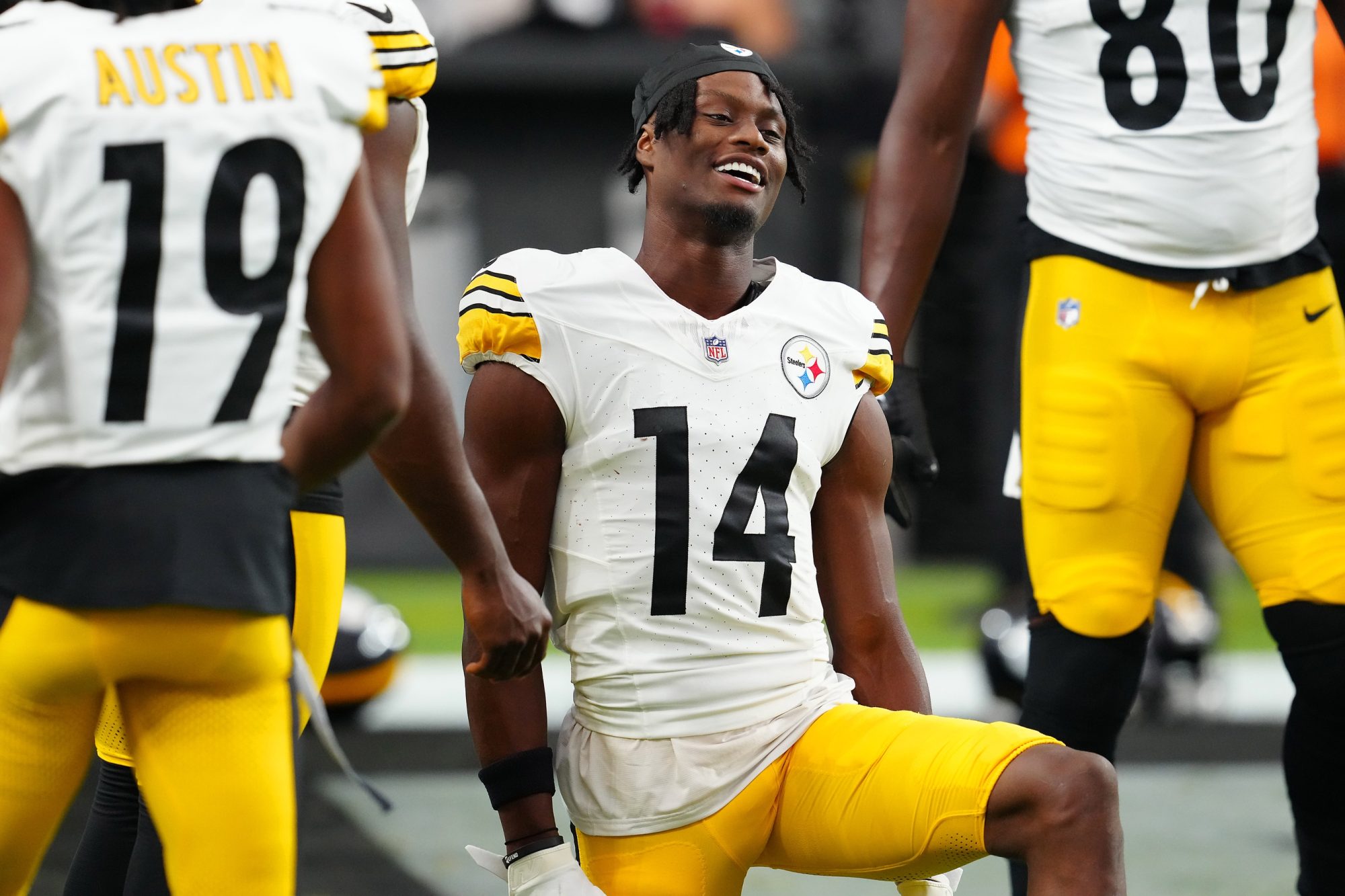 Sep 24, 2023; Paradise, Nevada, USA; Pittsburgh Steelers wide receiver George Pickens (14) warms up before the start of a game against the Las Vegas Raiders at Allegiant Stadium.