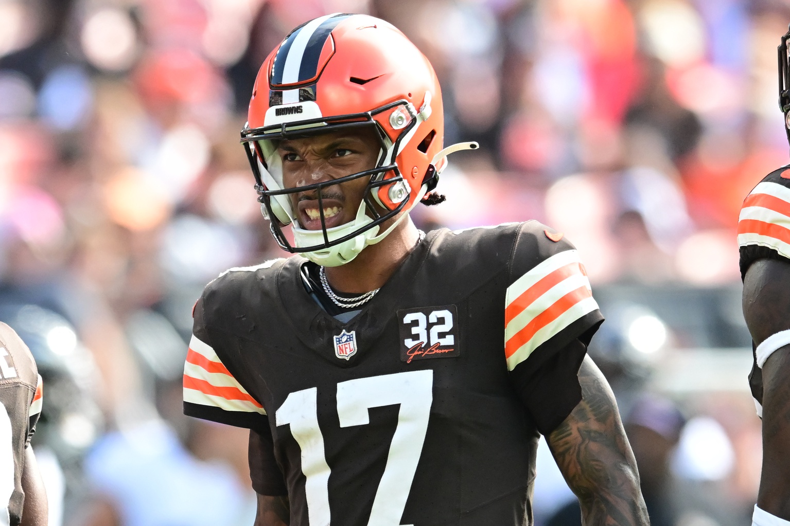 Oct 1, 2023; Cleveland, Ohio, USA; Cleveland Browns quarterback Dorian Thompson-Robinson (17) reacts after a play during the second half against the Baltimore Ravens at Cleveland Browns Stadium.