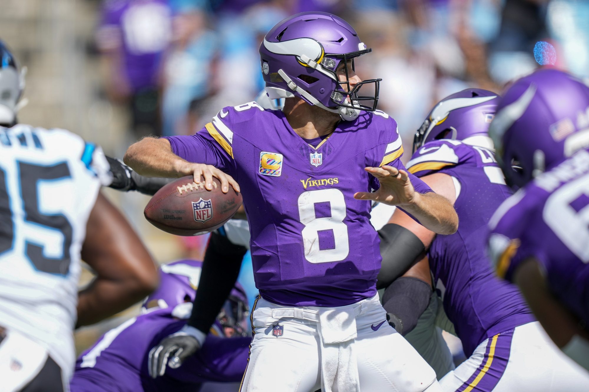 Oct 1, 2023; Charlotte, North Carolina, USA; Minnesota Vikings quarterback Kirk Cousins (8) passes during the second half against the Carolina Panthers at Bank of America Stadium.