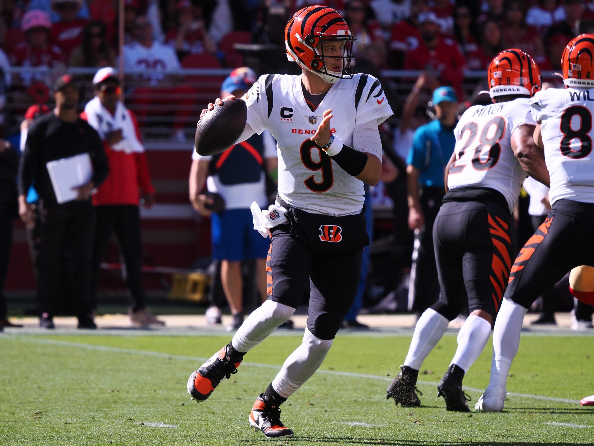 Oct 29, 2023; Santa Clara, California, USA; Cincinnati Bengals quarterback Joe Burrow (9) throws the ball against the San Francisco 49ers during the first quarter at Levi's Stadium.