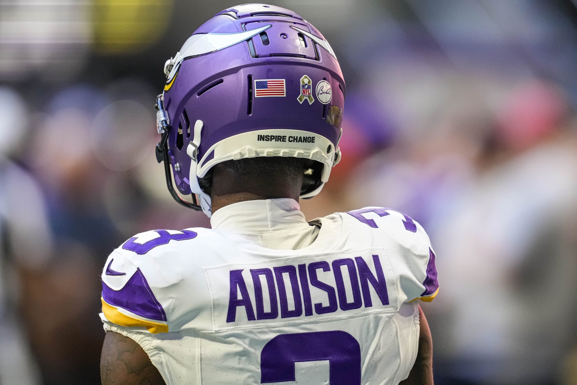 Nov 5, 2023; Atlanta, Georgia, USA; Minnesota Vikings wide receiver Jordan Addison (3) shown on the field prior to the game against the Atlanta Falcons at Mercedes-Benz Stadium.